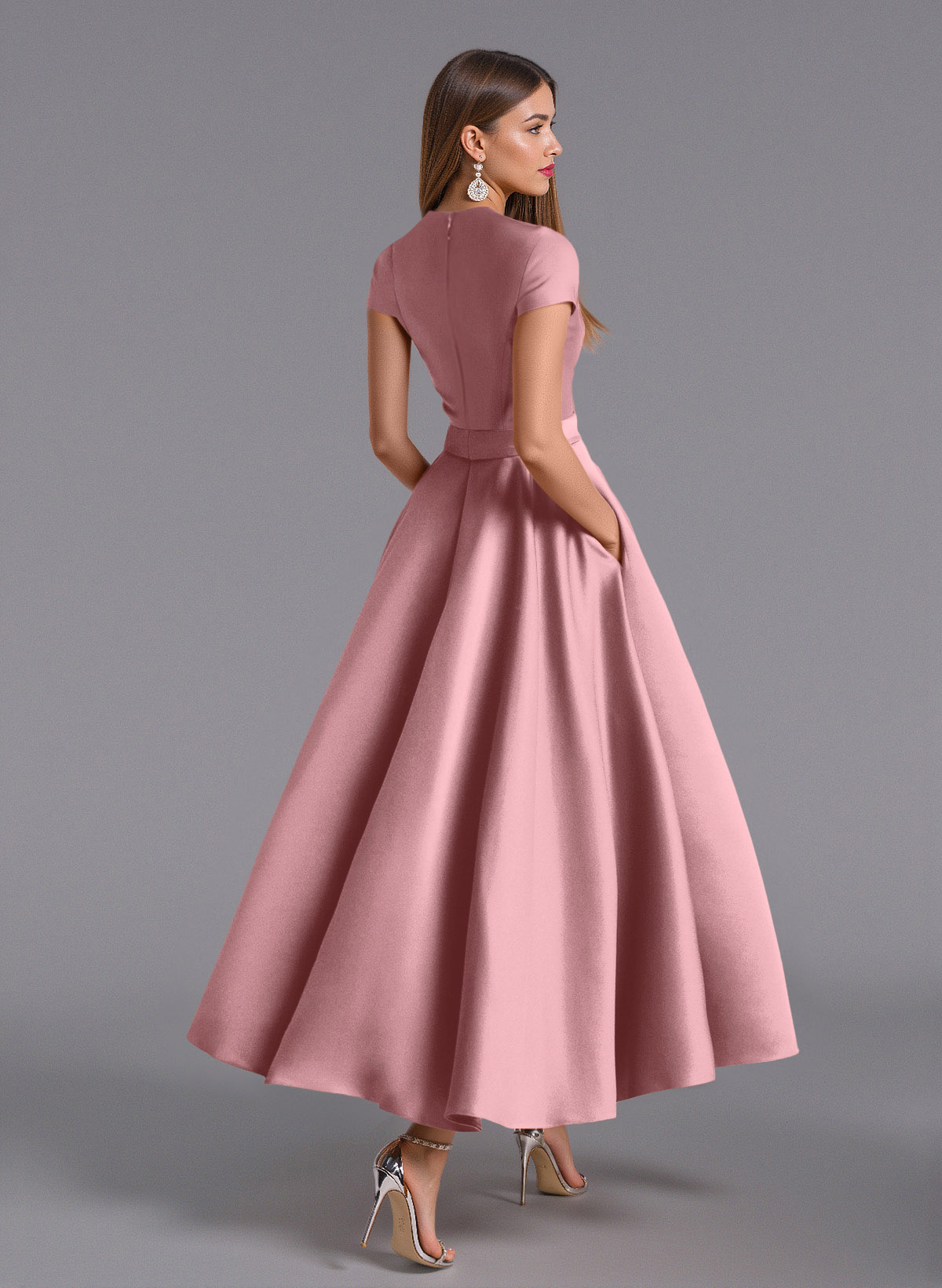 Classic V-Neck Short Sleeves Flower(s) A-Line Ankle-Length Satin Bridesmaid Dresses With Pockets, product image 99