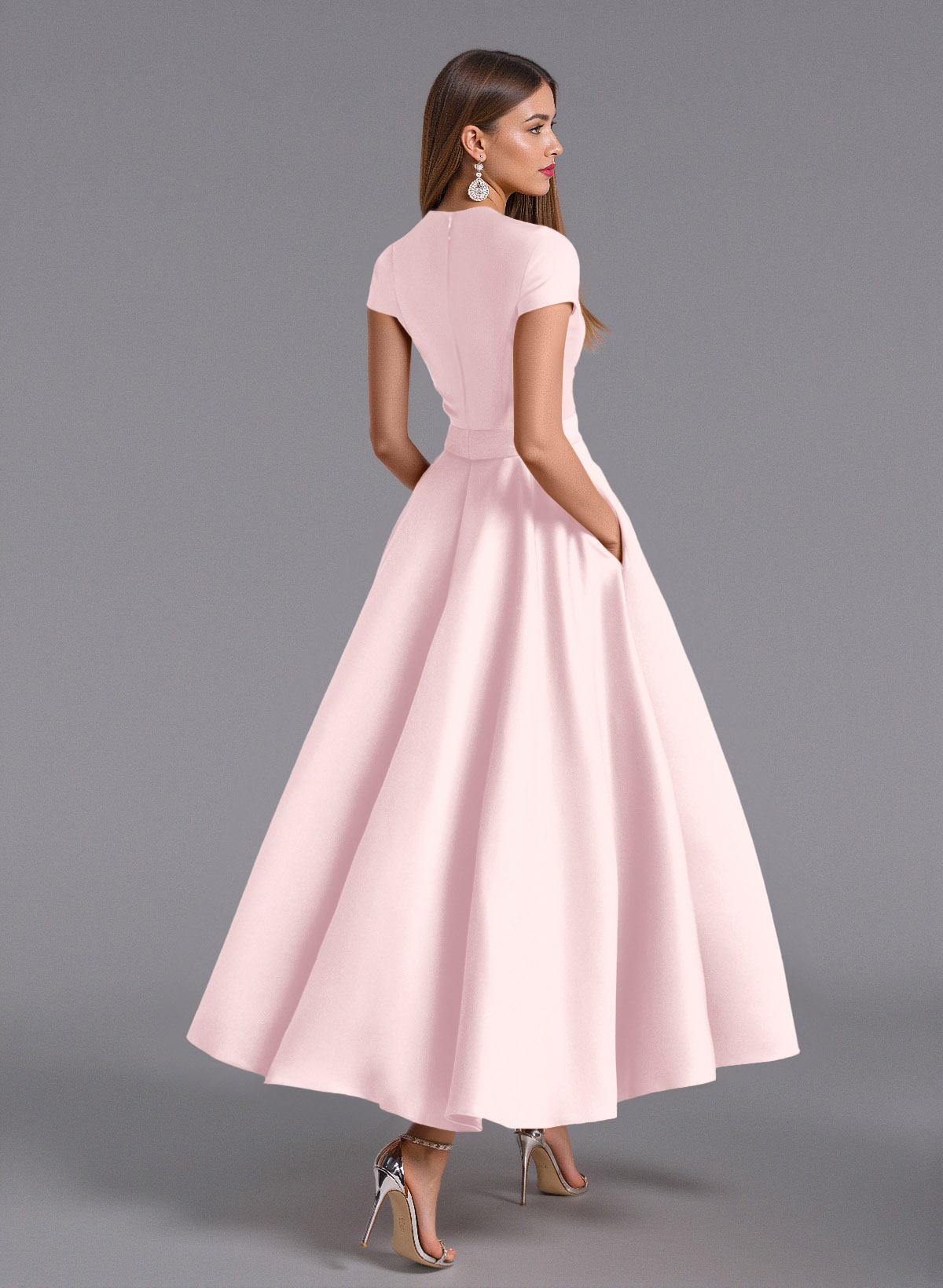 Classic V-Neck Short Sleeves Flower(s) A-Line Ankle-Length Satin Bridesmaid Dresses With Pockets, product image 93