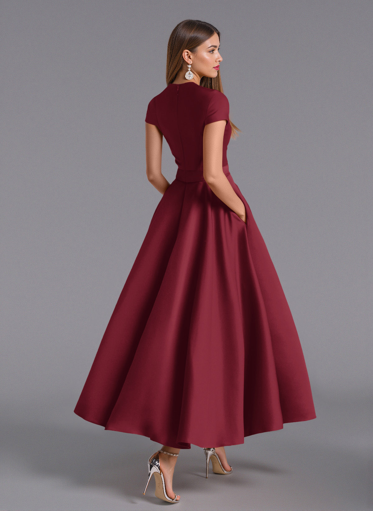 Classic V-Neck Short Sleeves Flower(s) A-Line Ankle-Length Satin Bridesmaid Dresses With Pockets, product image 115