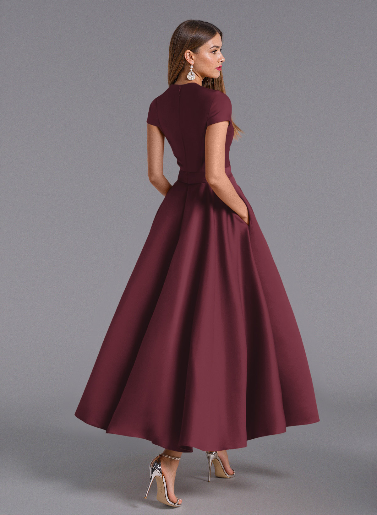 Classic V-Neck Short Sleeves Flower(s) A-Line Ankle-Length Satin Bridesmaid Dresses With Pockets, product image 117