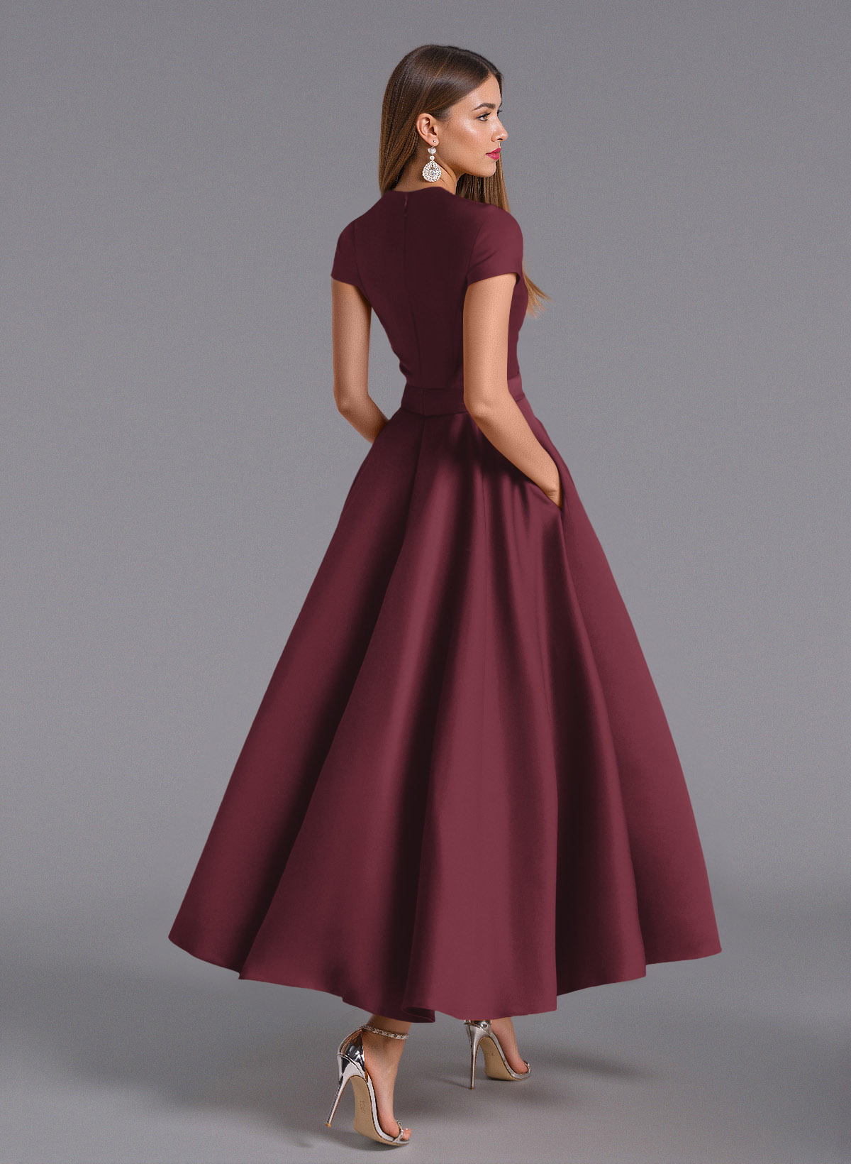 Classic V-Neck Short Sleeves Flower(s) A-Line Ankle-Length Satin Bridesmaid Dresses With Pockets, product image 117