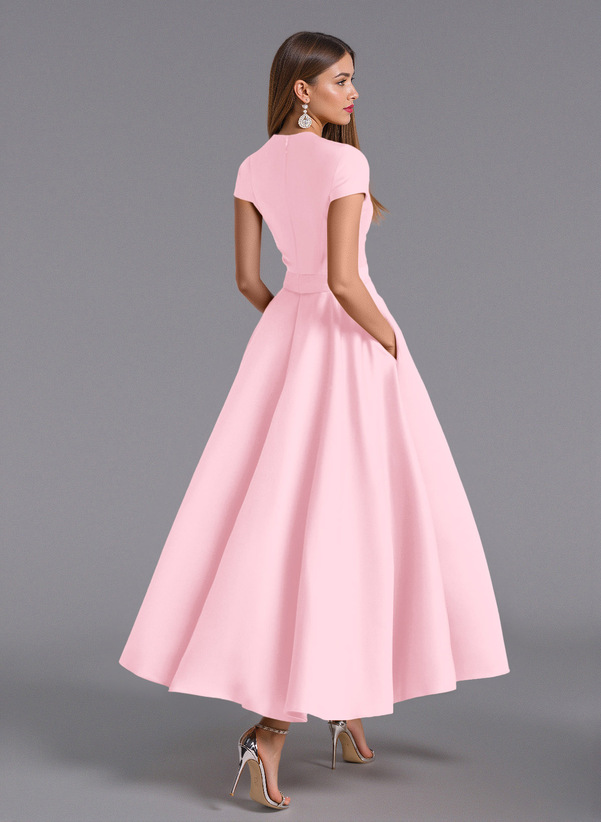 Classic V-Neck Short Sleeves Flower(s) A-Line Ankle-Length Satin Bridesmaid Dresses With Pockets, product image 91