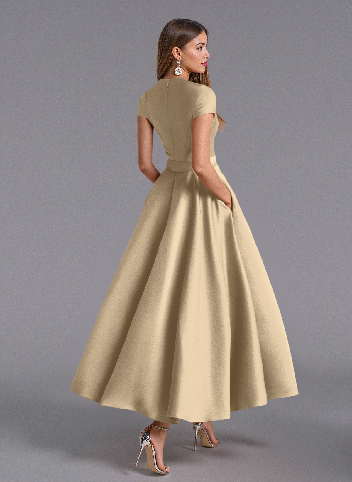 Classic V-Neck Short Sleeves Flower(s) A-Line Ankle-Length Satin Bridesmaid Dresses With Pockets, product image 51