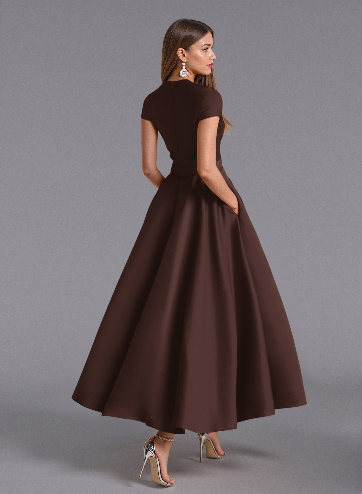Classic V-Neck Short Sleeves Flower(s) A-Line Ankle-Length Satin Bridesmaid Dresses With Pockets, product image 39