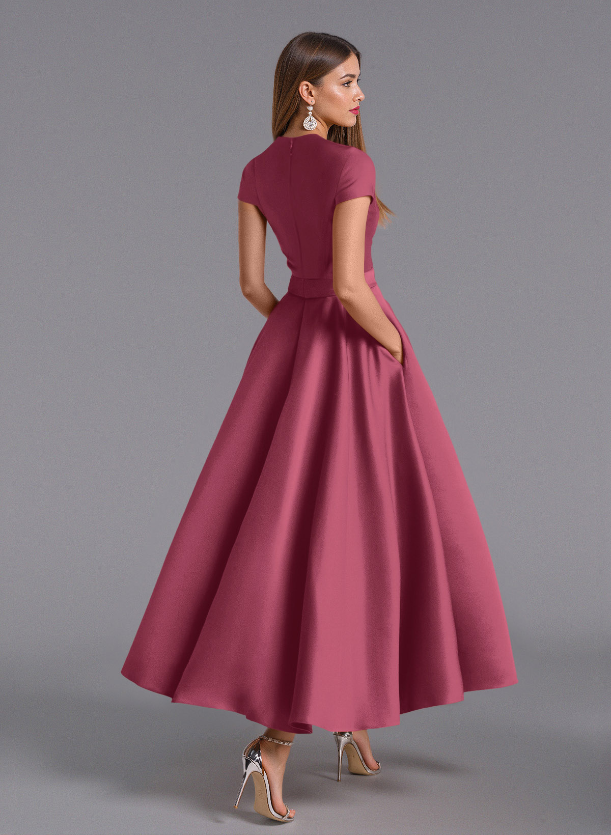 Classic V-Neck Short Sleeves Flower(s) A-Line Ankle-Length Satin Bridesmaid Dresses With Pockets, product image 113