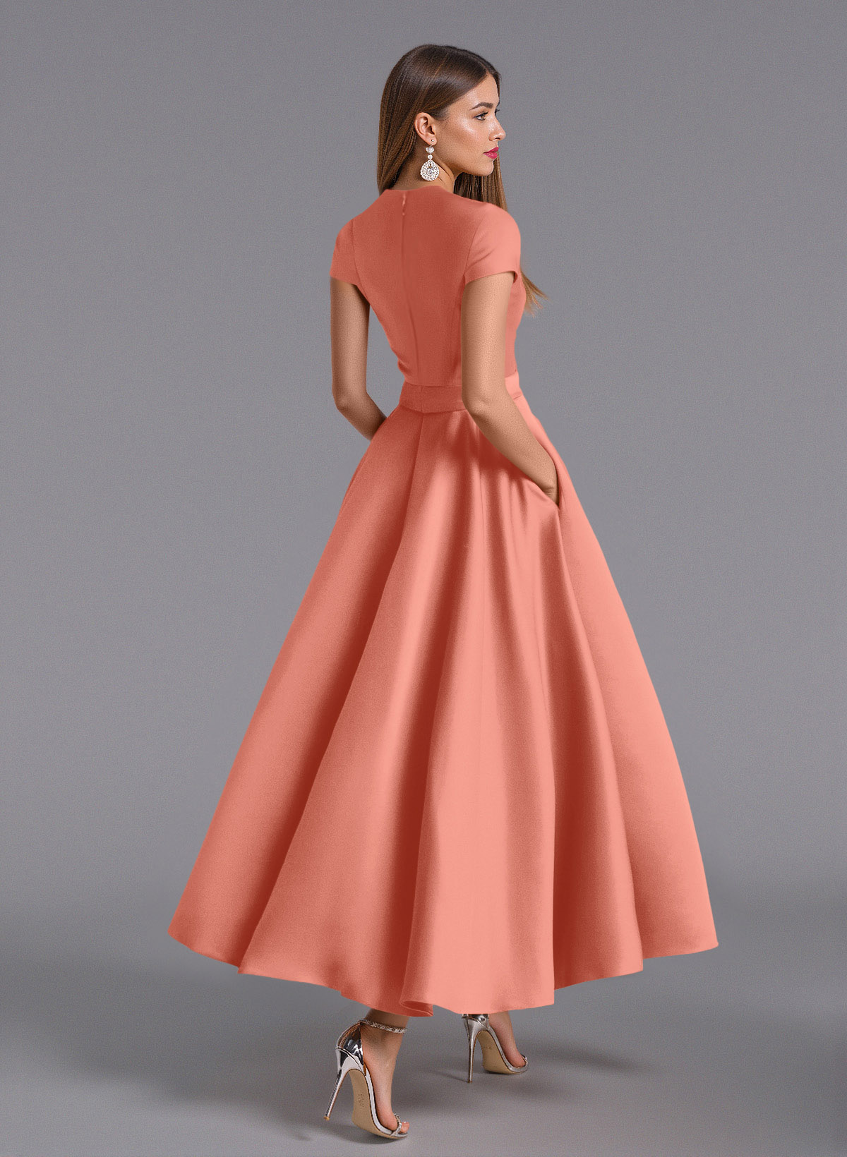Classic V-Neck Short Sleeves Flower(s) A-Line Ankle-Length Satin Bridesmaid Dresses With Pockets, product image 95