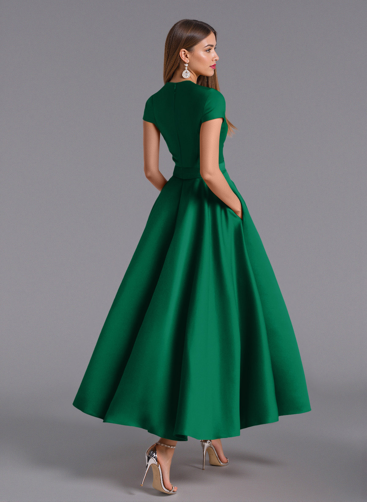 Classic V-Neck Short Sleeves Flower(s) A-Line Ankle-Length Satin Bridesmaid Dresses With Pockets, product image 67