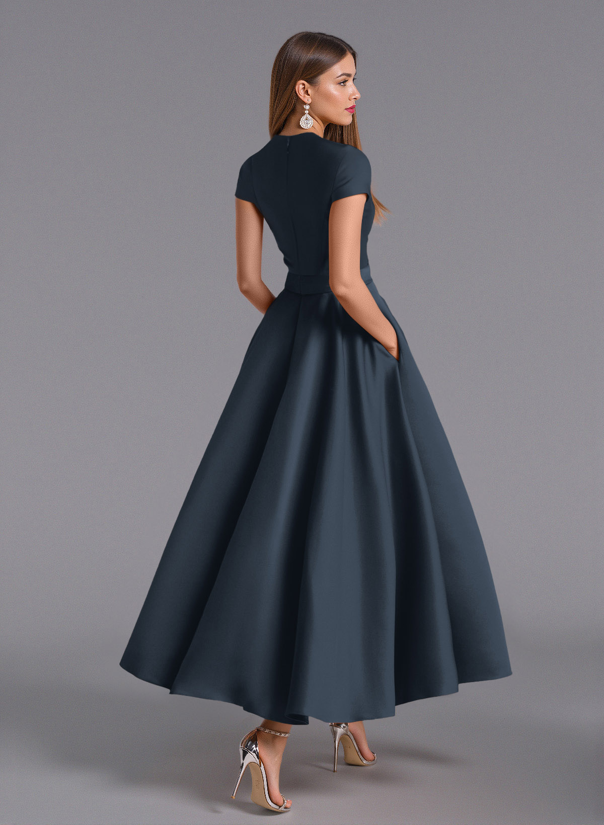 Classic V-Neck Short Sleeves Flower(s) A-Line Ankle-Length Satin Bridesmaid Dresses With Pockets, product image 141