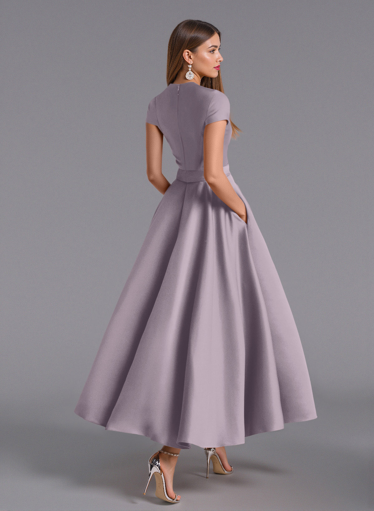 Classic V-Neck Short Sleeves Flower(s) A-Line Ankle-Length Satin Bridesmaid Dresses With Pockets, product image 89