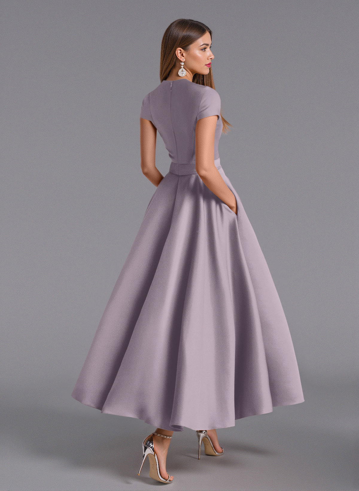Classic V-Neck Short Sleeves Flower(s) A-Line Ankle-Length Satin Bridesmaid Dresses With Pockets, product image 89