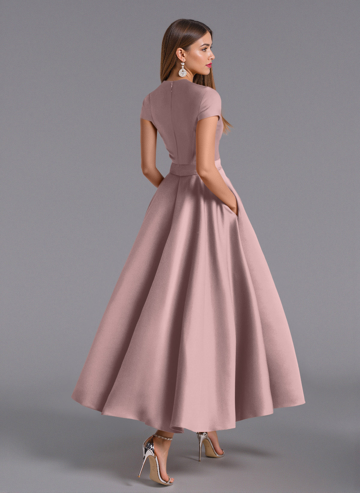 Classic V-Neck Short Sleeves Flower(s) A-Line Ankle-Length Satin Bridesmaid Dresses With Pockets, product image 103