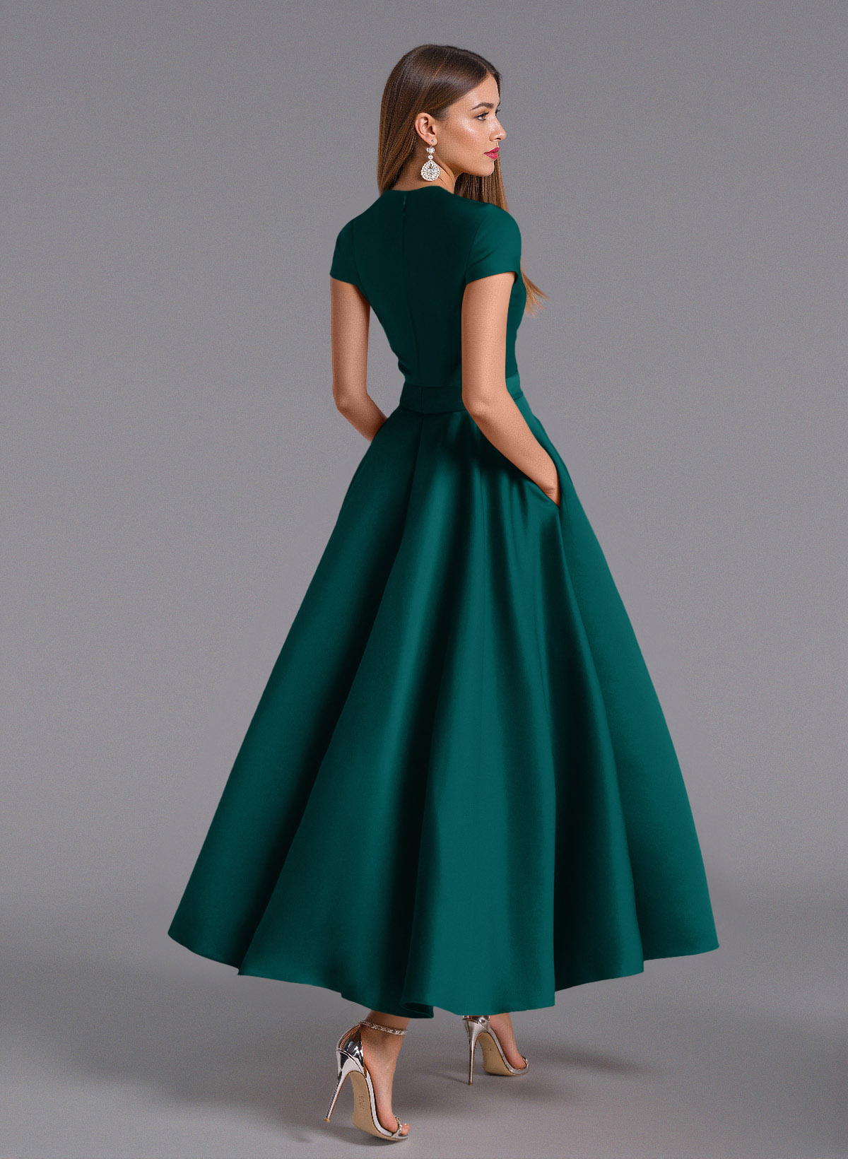 Classic V-Neck Short Sleeves Flower(s) A-Line Ankle-Length Satin Bridesmaid Dresses With Pockets, product image 15