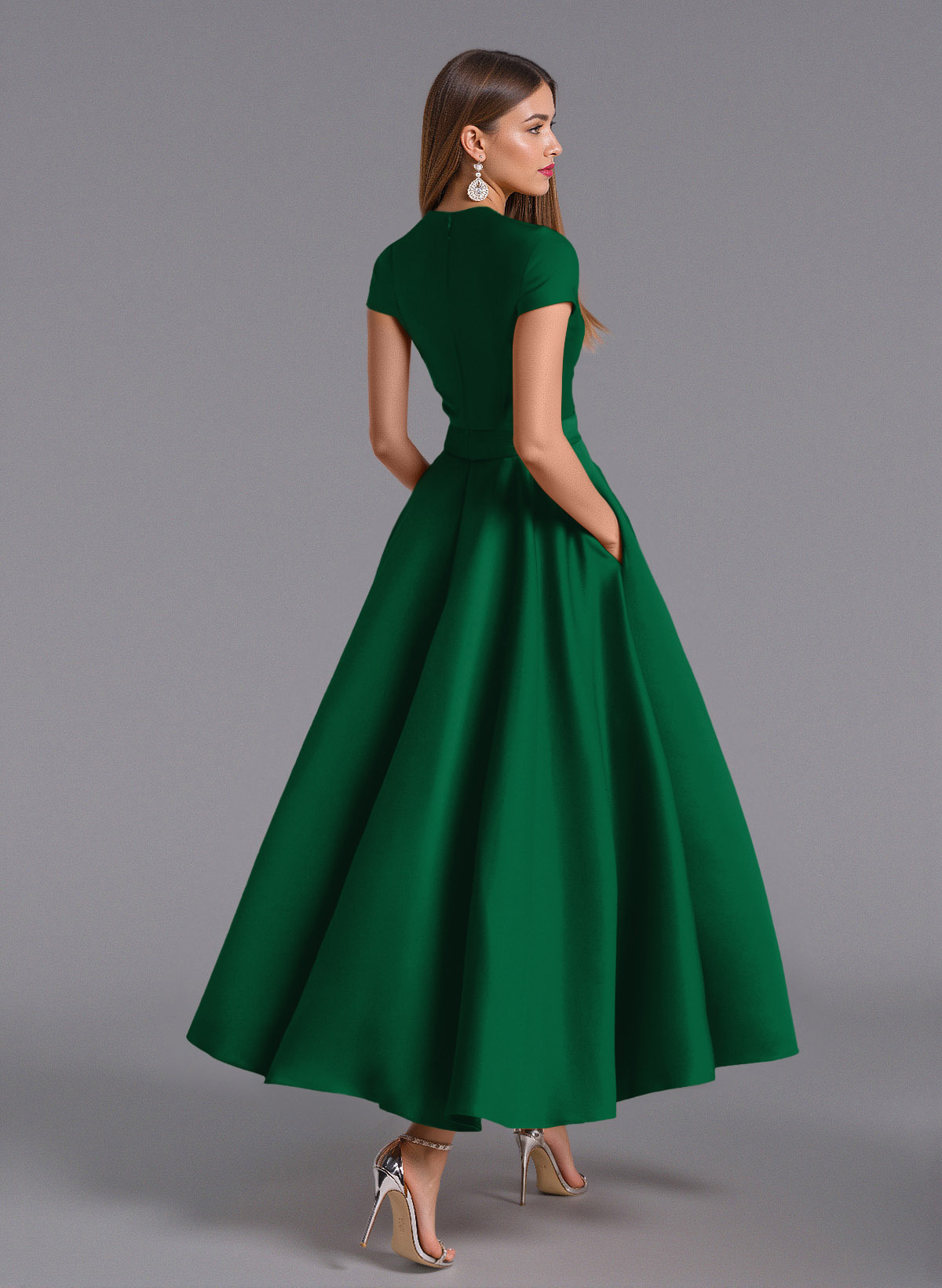 Classic V-Neck Short Sleeves Flower(s) A-Line Ankle-Length Satin Bridesmaid Dresses With Pockets, product image 19