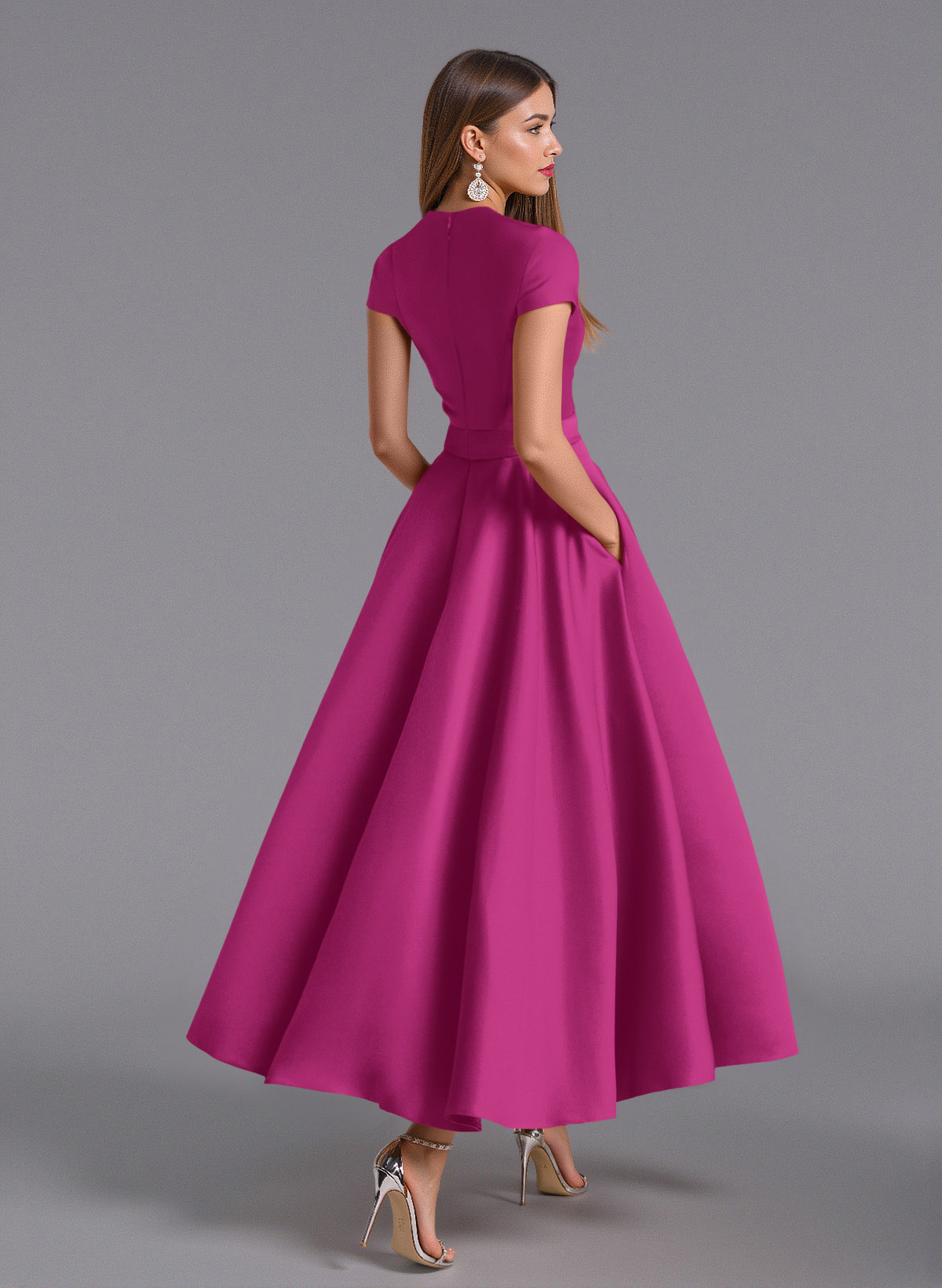 Classic V-Neck Short Sleeves Flower(s) A-Line Ankle-Length Satin Bridesmaid Dresses With Pockets, product image 71