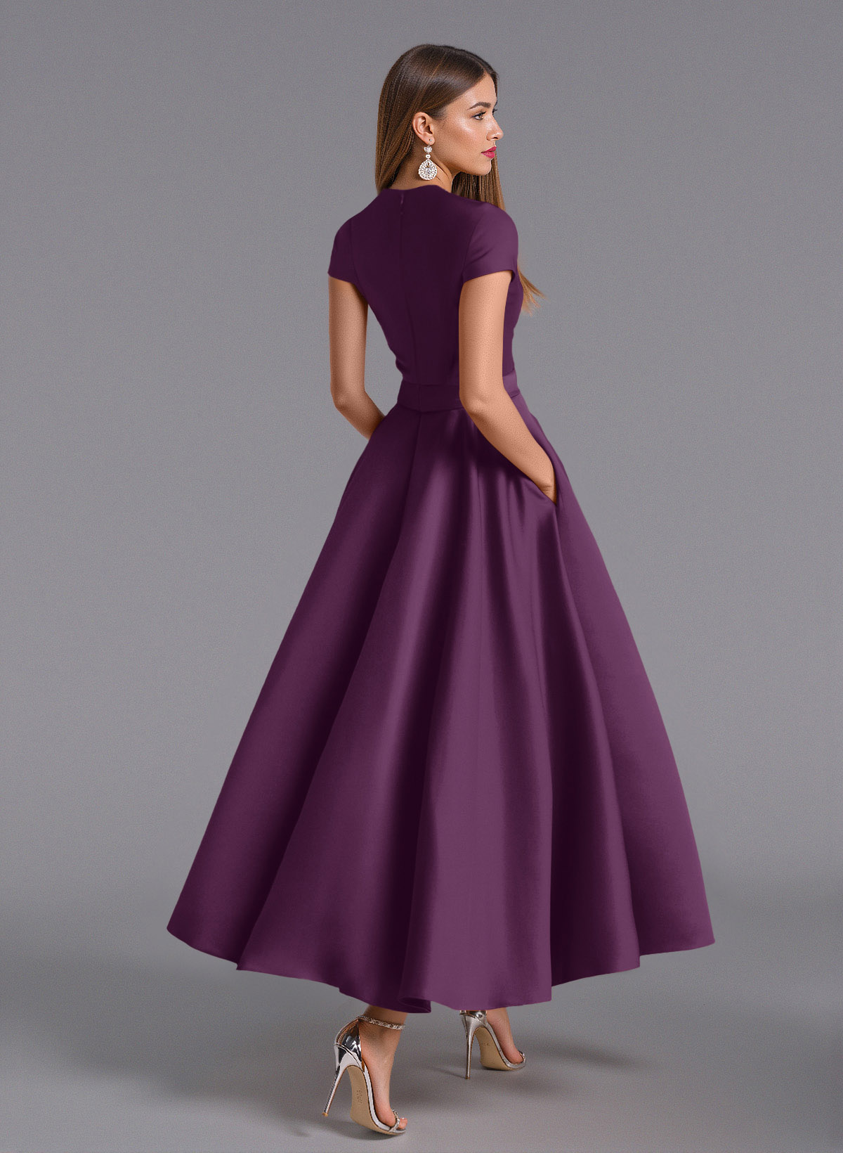 Classic V-Neck Short Sleeves Flower(s) A-Line Ankle-Length Satin Bridesmaid Dresses With Pockets, product image 75