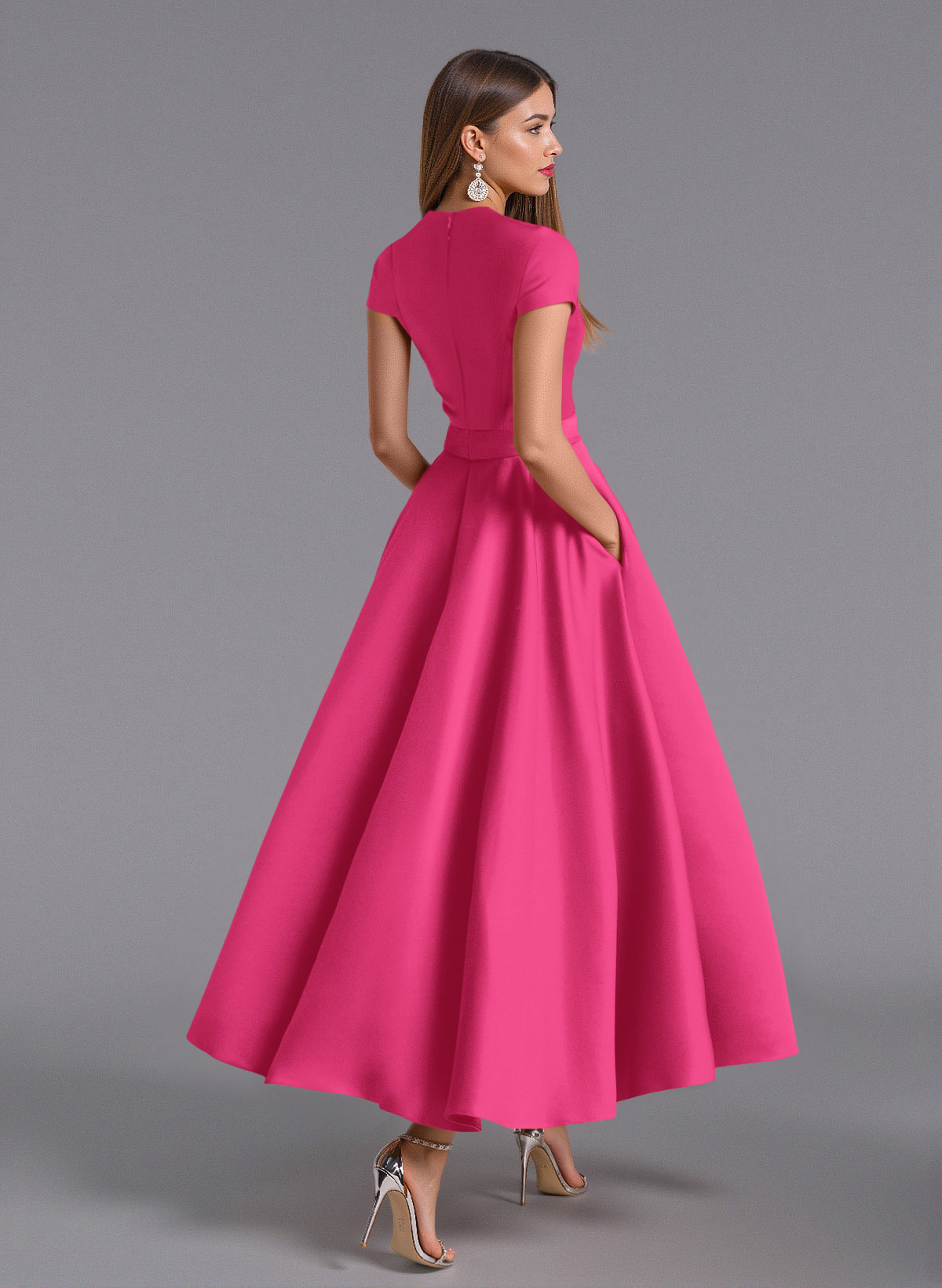 Classic V-Neck Short Sleeves Flower(s) A-Line Ankle-Length Satin Bridesmaid Dresses With Pockets, product image 27
