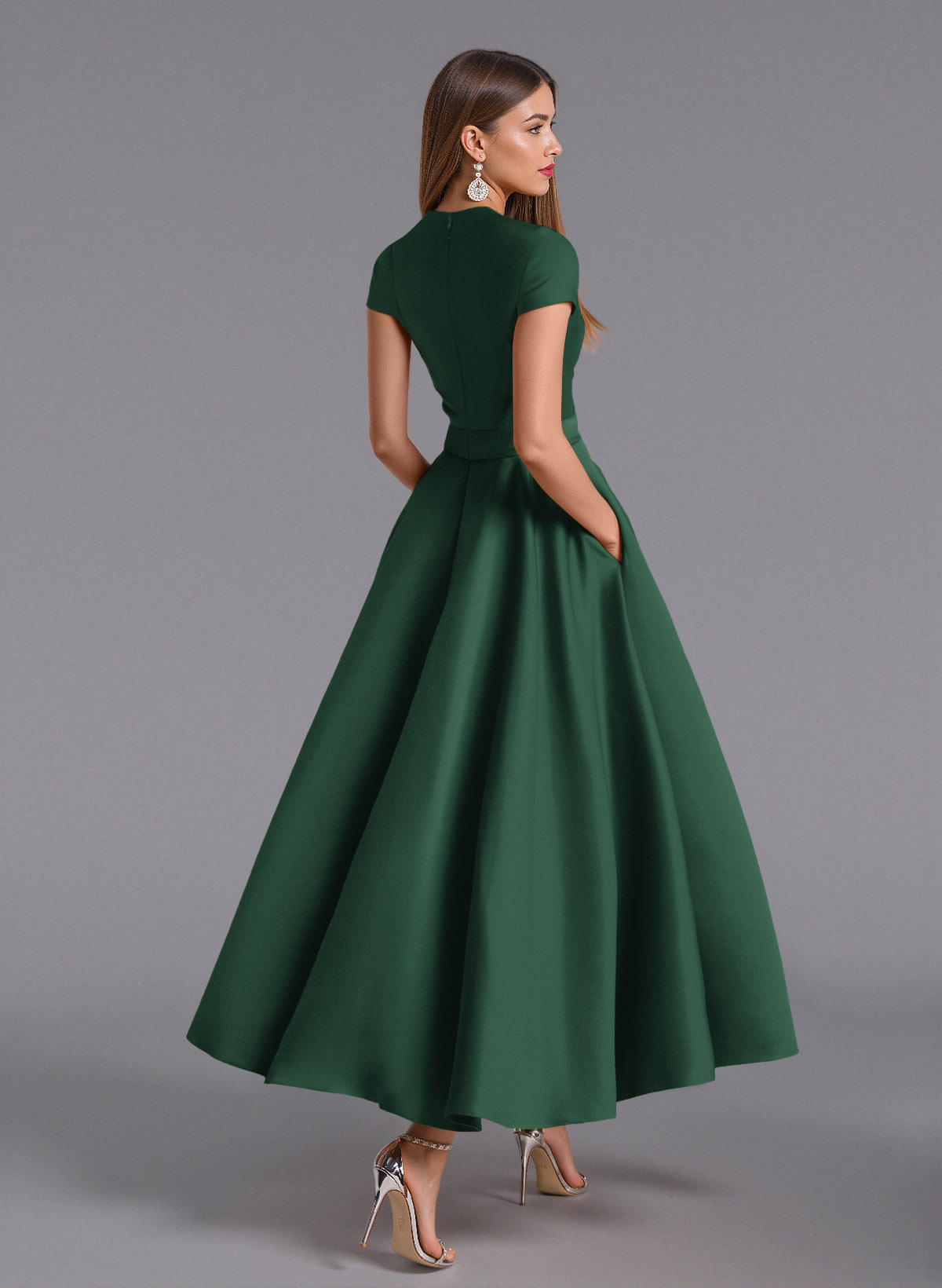 Classic V-Neck Short Sleeves Flower(s) A-Line Ankle-Length Satin Bridesmaid Dresses With Pockets, product image 65