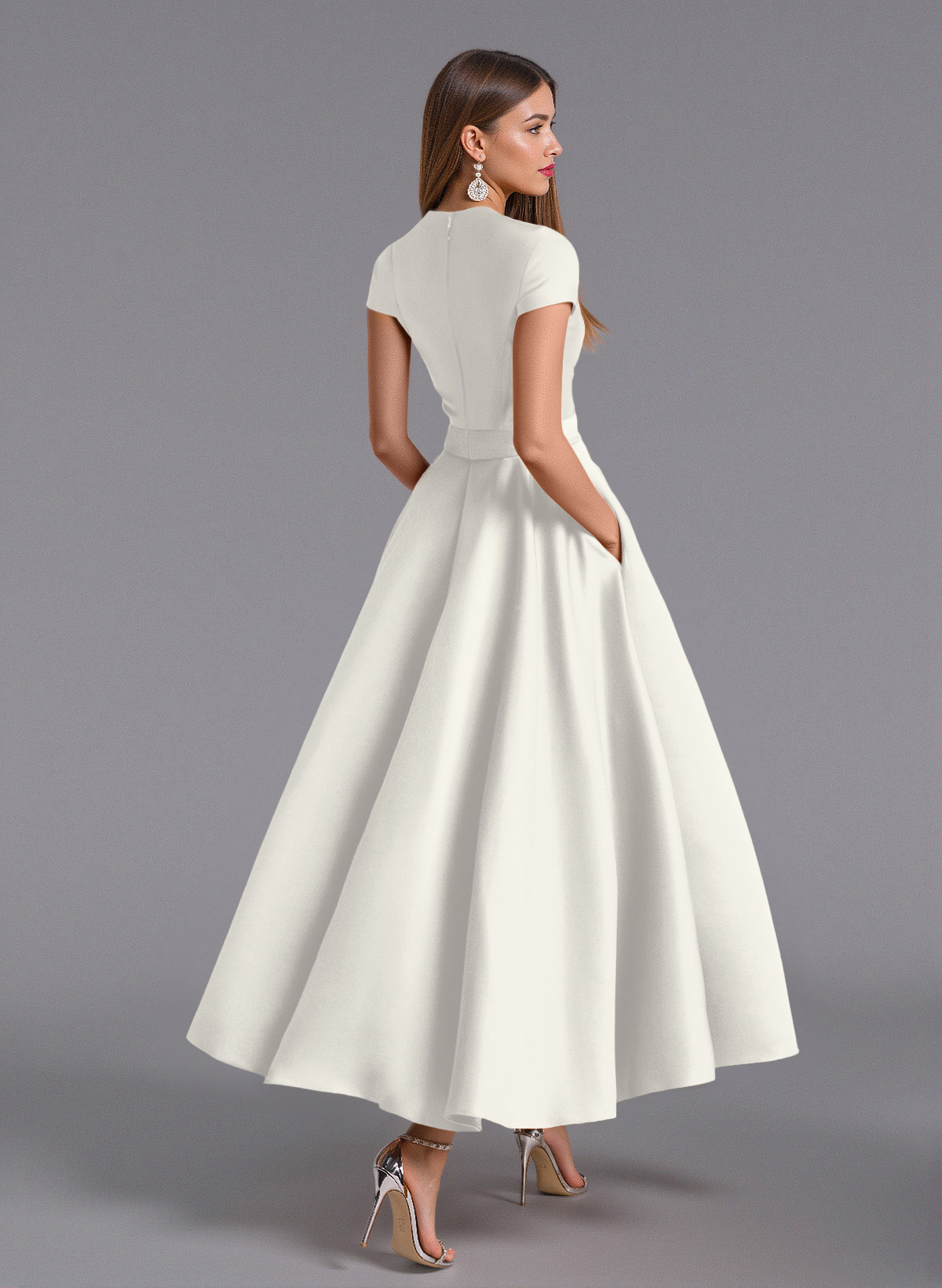 Classic V-Neck Short Sleeves Flower(s) A-Line Ankle-Length Satin Bridesmaid Dresses With Pockets, product image 37