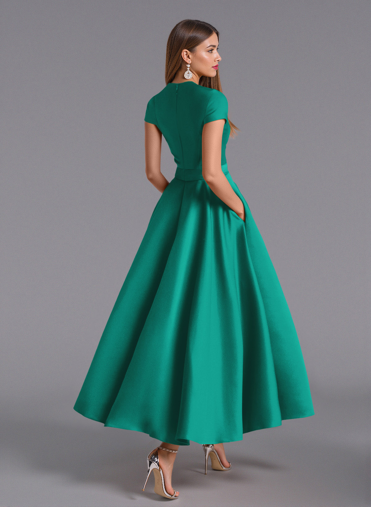 Classic V-Neck Short Sleeves Flower(s) A-Line Ankle-Length Satin Bridesmaid Dresses With Pockets, product image 61