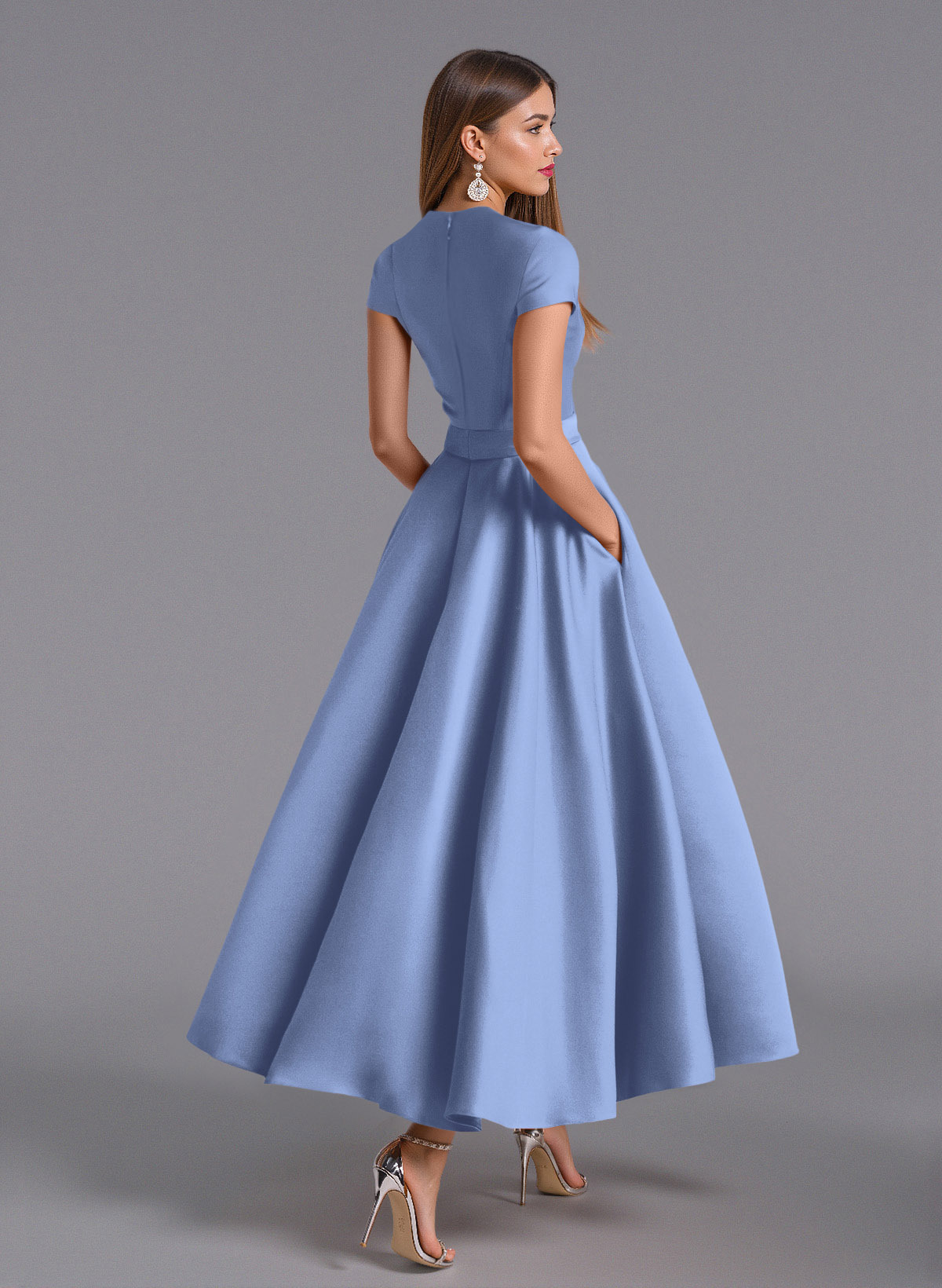 Classic V-Neck Short Sleeves Flower(s) A-Line Ankle-Length Satin Bridesmaid Dresses With Pockets, product image 123