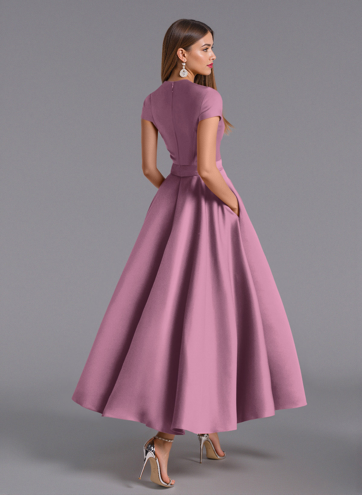 Classic V-Neck Short Sleeves Flower(s) A-Line Ankle-Length Satin Bridesmaid Dresses With Pockets, product image 83