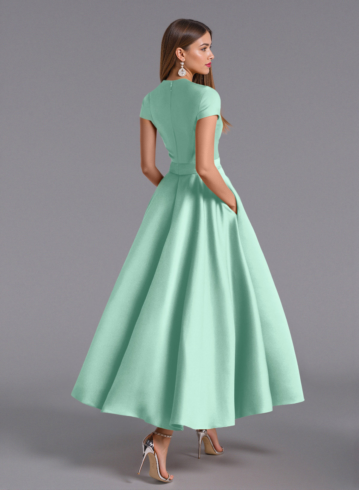 Classic V-Neck Short Sleeves Flower(s) A-Line Ankle-Length Satin Bridesmaid Dresses With Pockets, product image 55