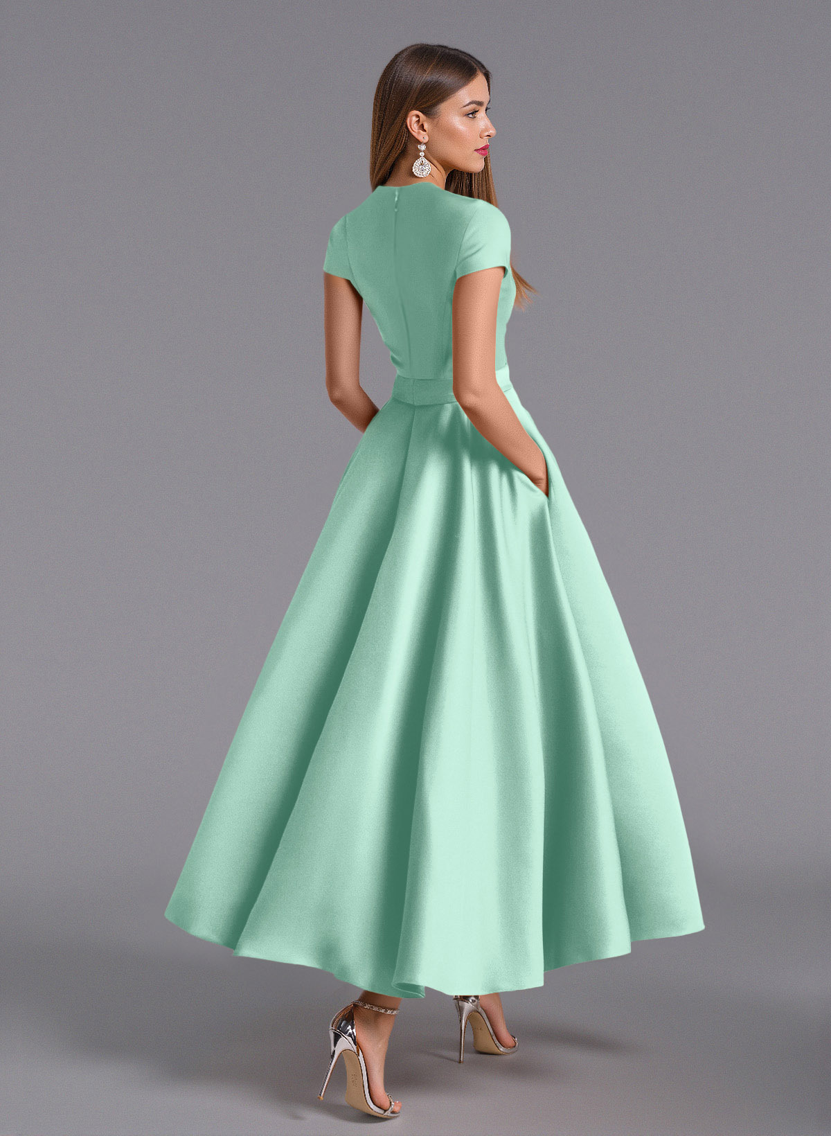 Classic V-Neck Short Sleeves Flower(s) A-Line Ankle-Length Satin Bridesmaid Dresses With Pockets, product image 55