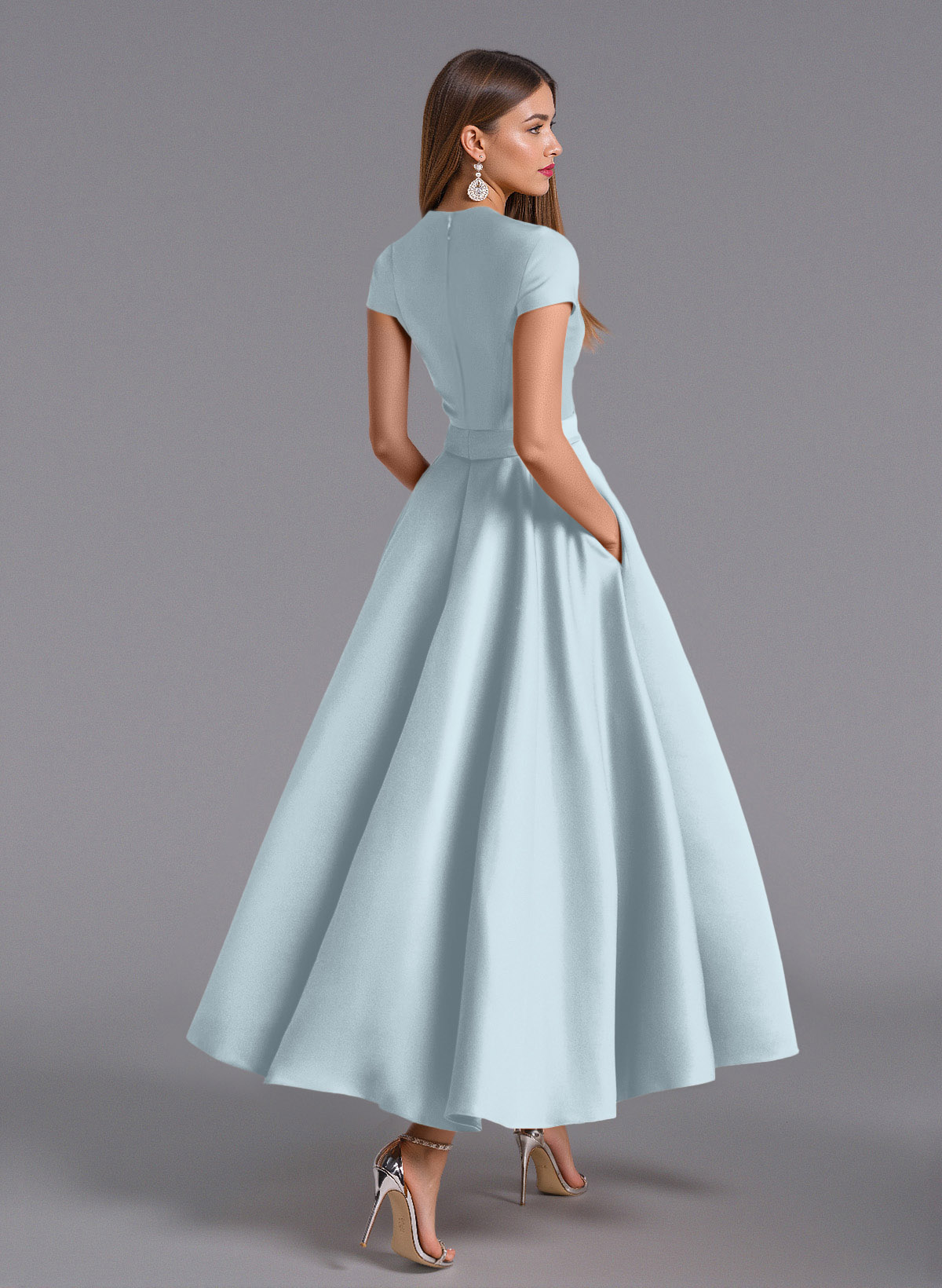 Classic V-Neck Short Sleeves Flower(s) A-Line Ankle-Length Satin Bridesmaid Dresses With Pockets, product image 119