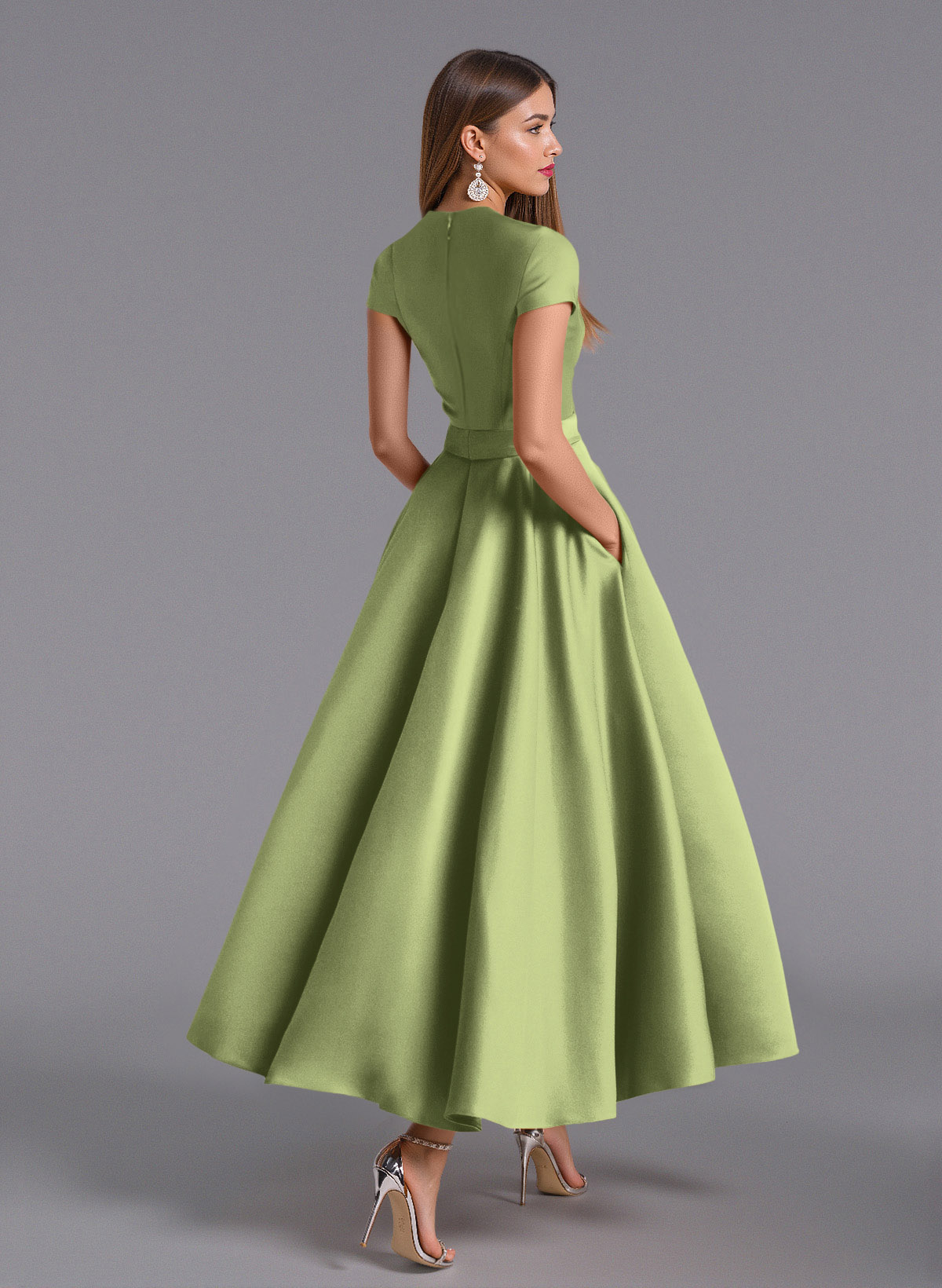 Classic V-Neck Short Sleeves Flower(s) A-Line Ankle-Length Satin Bridesmaid Dresses With Pockets, product image 13