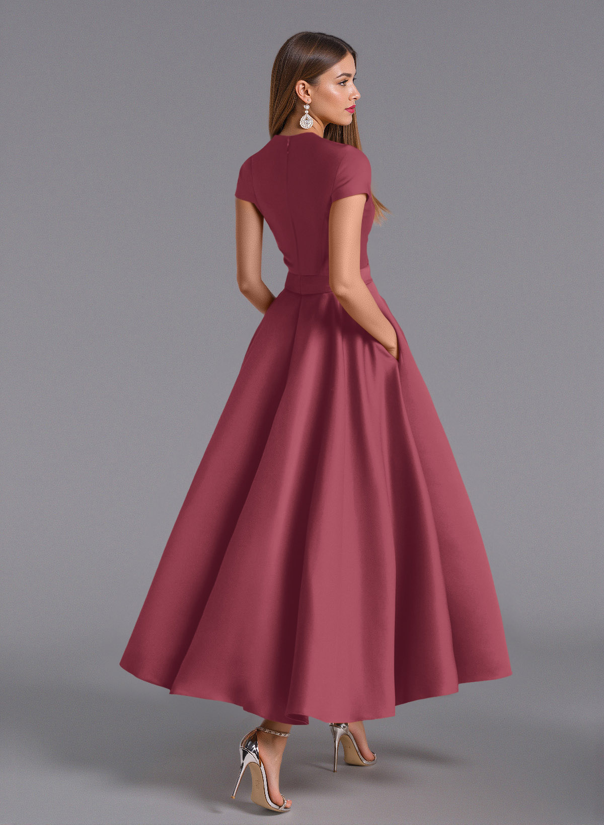 Classic V-Neck Short Sleeves Flower(s) A-Line Ankle-Length Satin Bridesmaid Dresses With Pockets, product image 111
