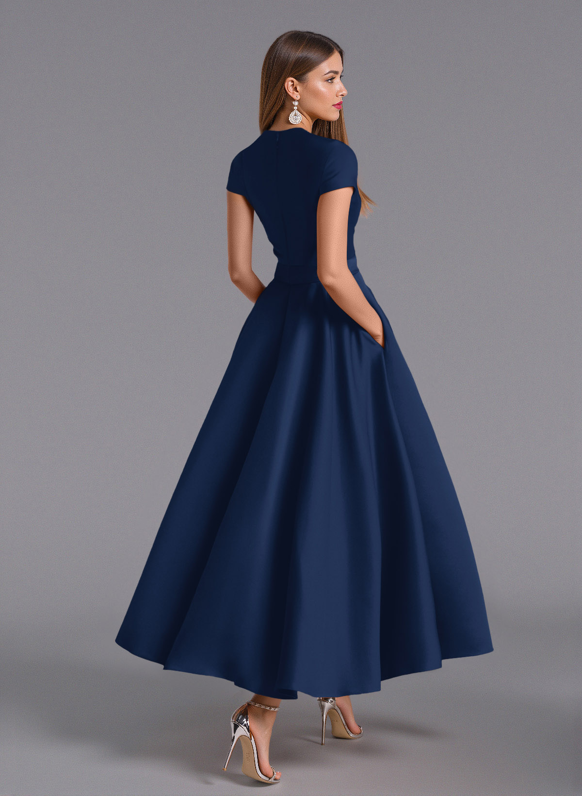 Classic V-Neck Short Sleeves Flower(s) A-Line Ankle-Length Satin Bridesmaid Dresses With Pockets, product image 139