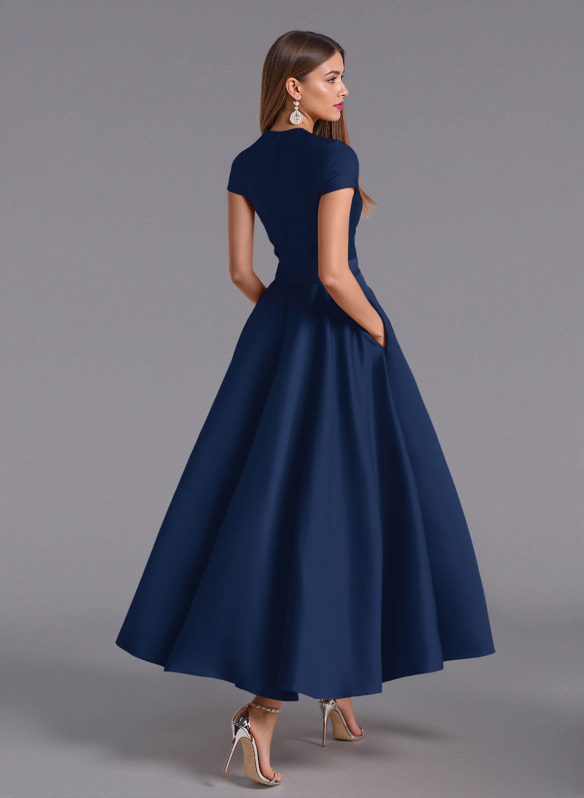 Classic V-Neck Short Sleeves Flower(s) A-Line Ankle-Length Satin Bridesmaid Dresses With Pockets, product image 139