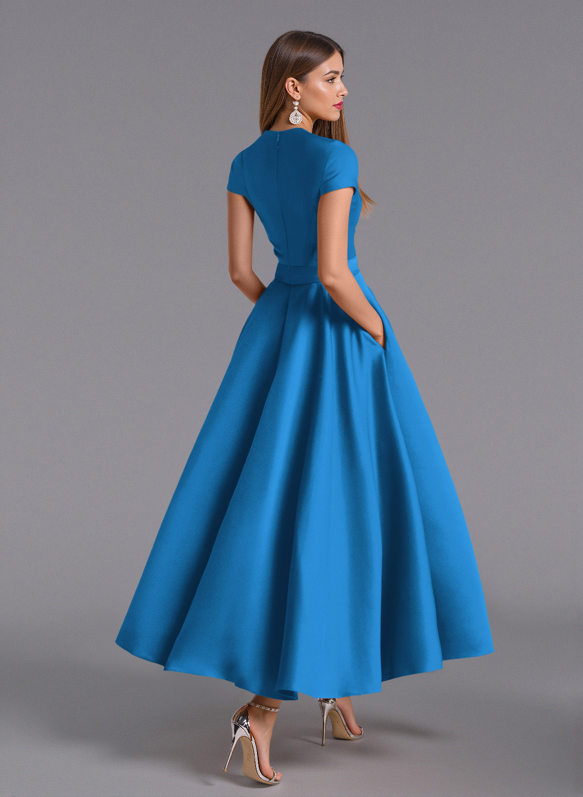 Classic V-Neck Short Sleeves Flower(s) A-Line Ankle-Length Satin Bridesmaid Dresses With Pockets, product image 127