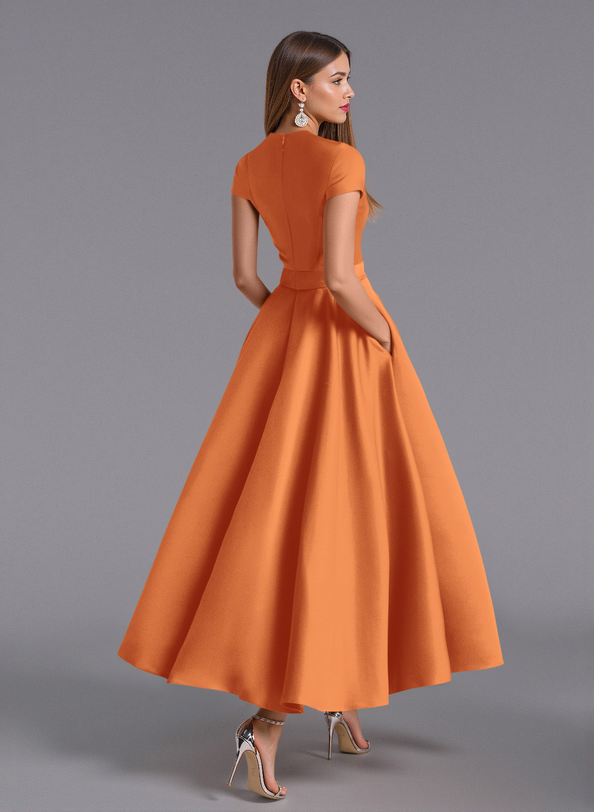 Classic V-Neck Short Sleeves Flower(s) A-Line Ankle-Length Satin Bridesmaid Dresses With Pockets, product image 43