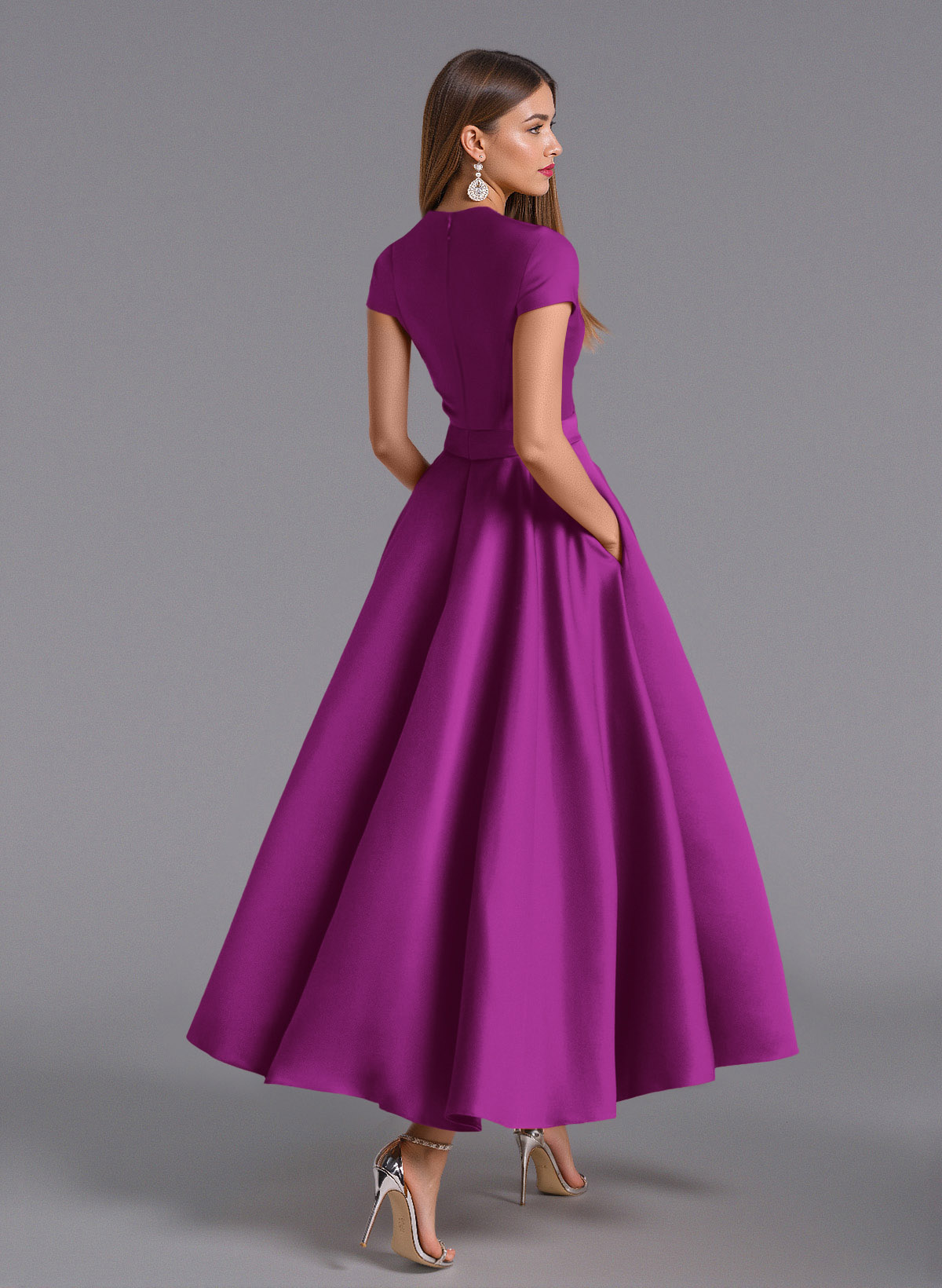 Classic V-Neck Short Sleeves Flower(s) A-Line Ankle-Length Satin Bridesmaid Dresses With Pockets, product image 73