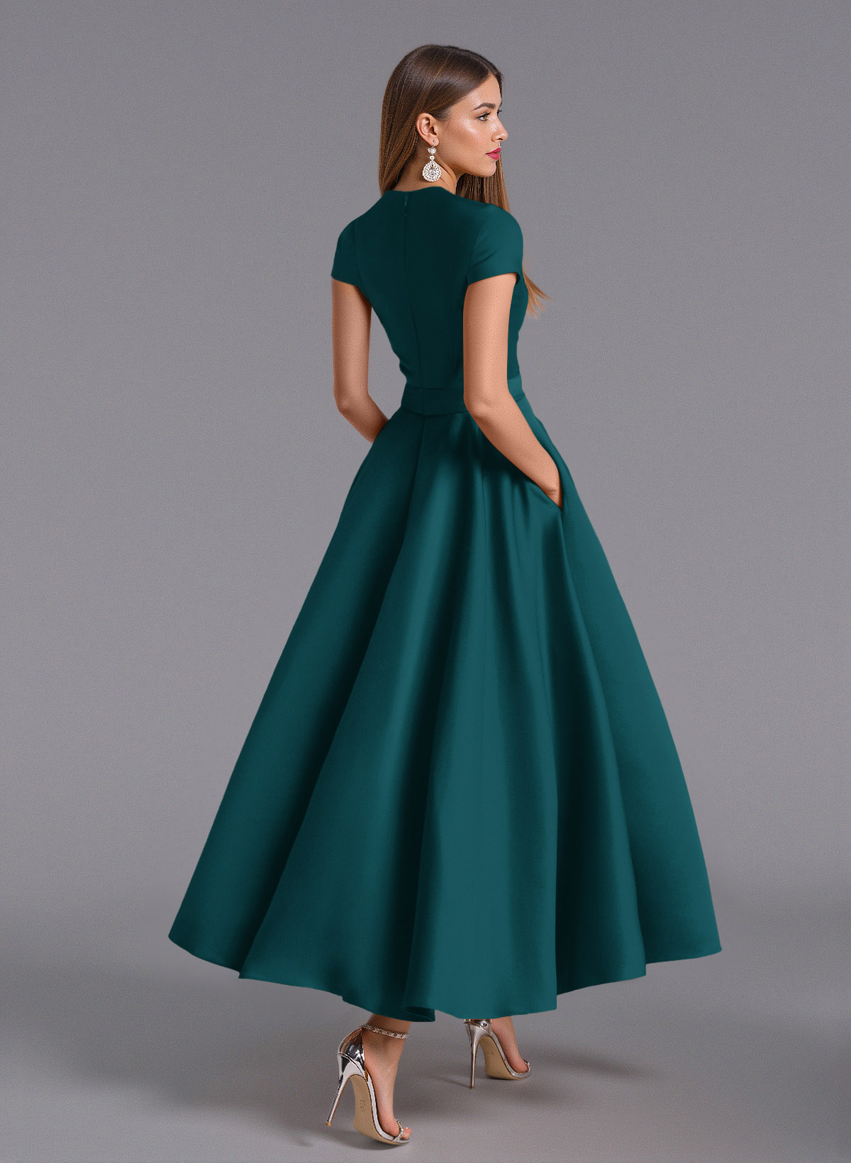 Classic V-Neck Short Sleeves Flower(s) A-Line Ankle-Length Satin Bridesmaid Dresses With Pockets, product image 63
