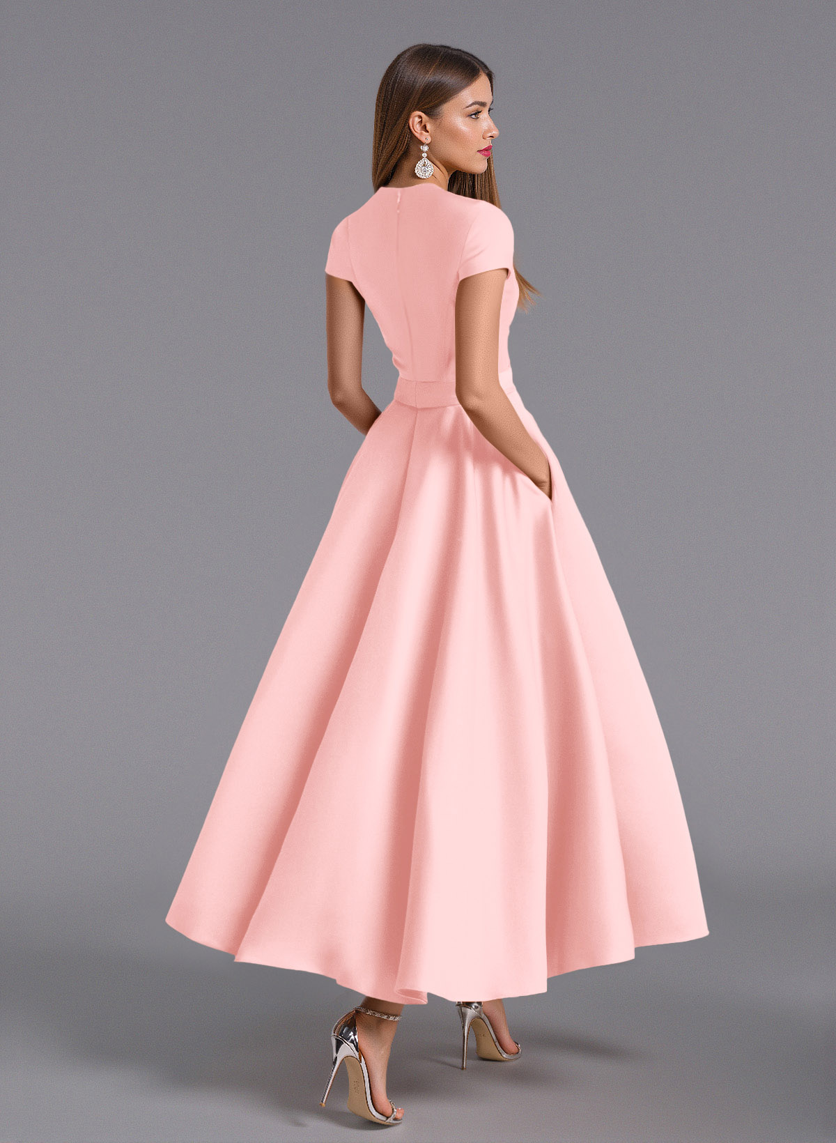 Classic V-Neck Short Sleeves Flower(s) A-Line Ankle-Length Satin Bridesmaid Dresses With Pockets, product image 97