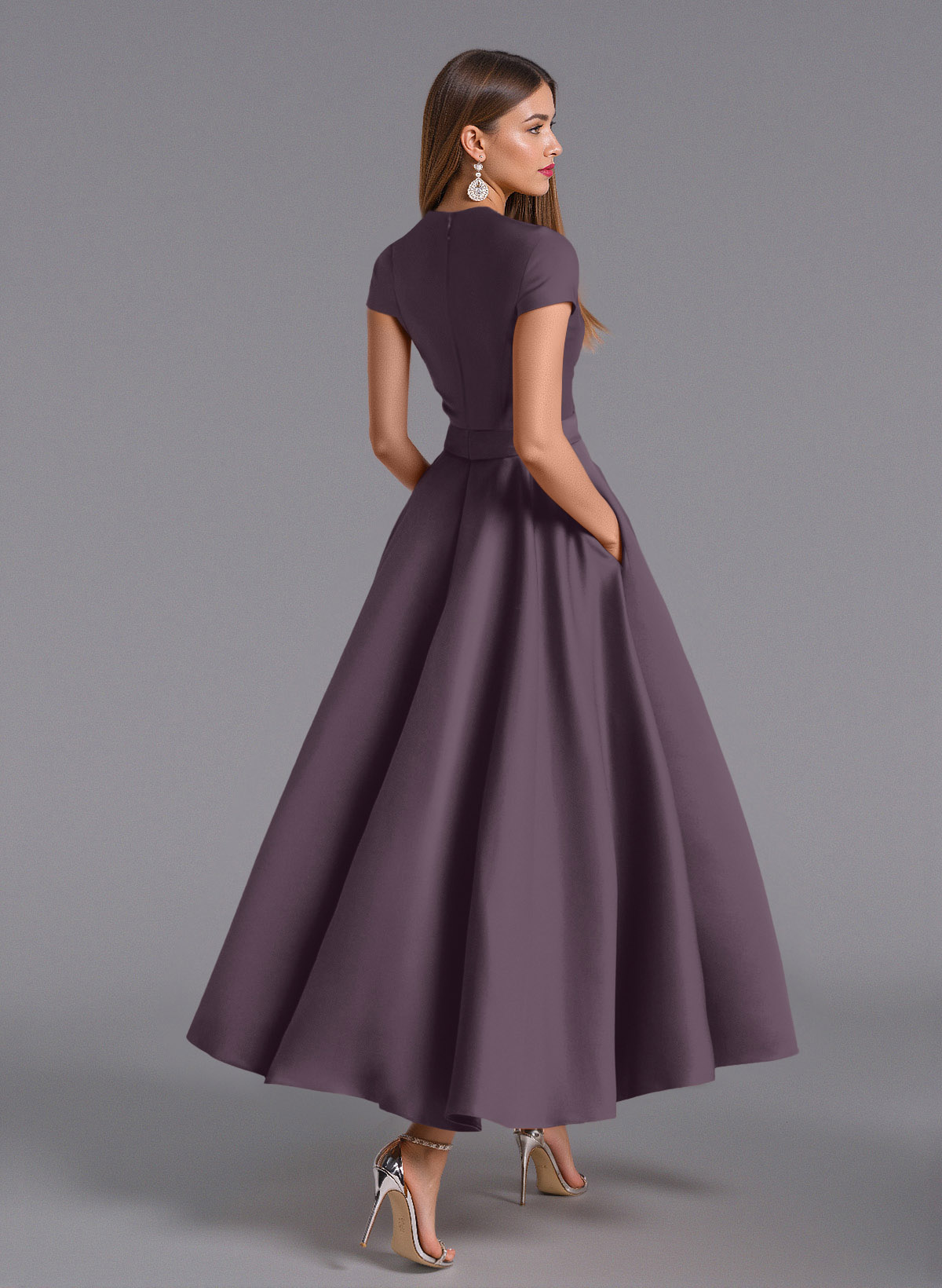 Classic V-Neck Short Sleeves Flower(s) A-Line Ankle-Length Satin Bridesmaid Dresses With Pockets, product image 25