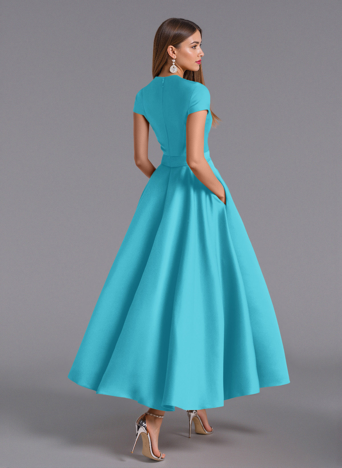 Classic V-Neck Short Sleeves Flower(s) A-Line Ankle-Length Satin Bridesmaid Dresses With Pockets, product image 125