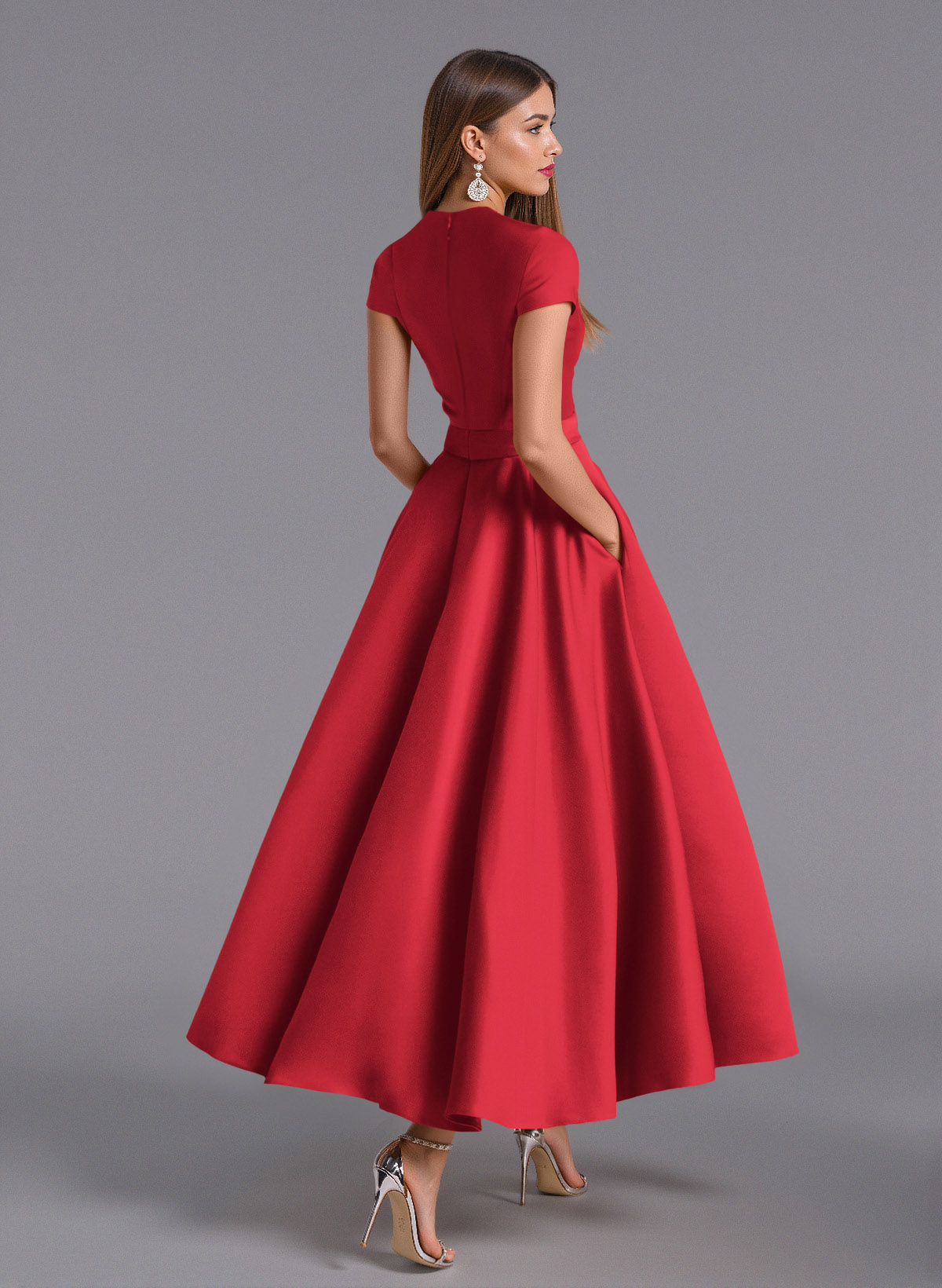 Classic V-Neck Short Sleeves Flower(s) A-Line Ankle-Length Satin Bridesmaid Dresses With Pockets, product image 109
