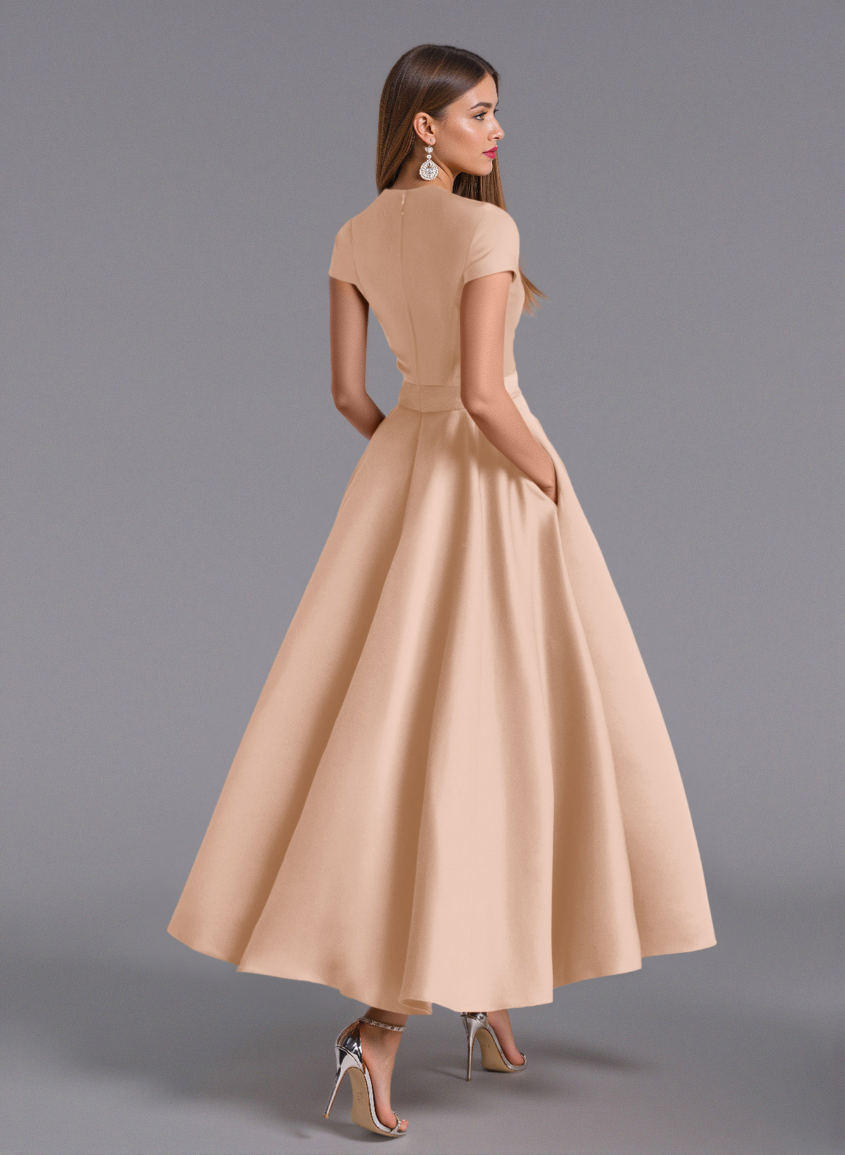Classic V-Neck Short Sleeves Flower(s) A-Line Ankle-Length Satin Bridesmaid Dresses With Pockets, product image 17