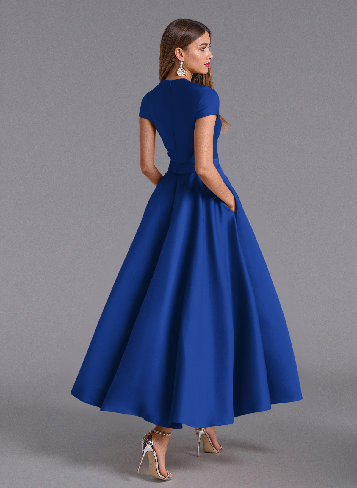 Classic V-Neck Short Sleeves Flower(s) A-Line Ankle-Length Satin Bridesmaid Dresses With Pockets, product image 129