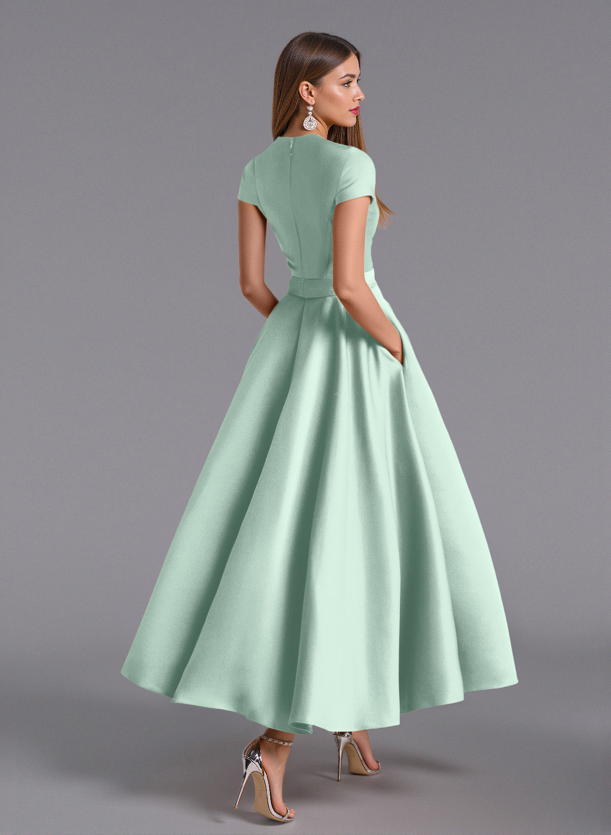 Classic V-Neck Short Sleeves Flower(s) A-Line Ankle-Length Satin Bridesmaid Dresses With Pockets, product image 57