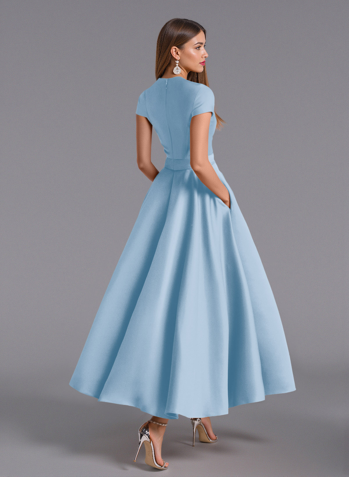 Classic V-Neck Short Sleeves Flower(s) A-Line Ankle-Length Satin Bridesmaid Dresses With Pockets, product image 121