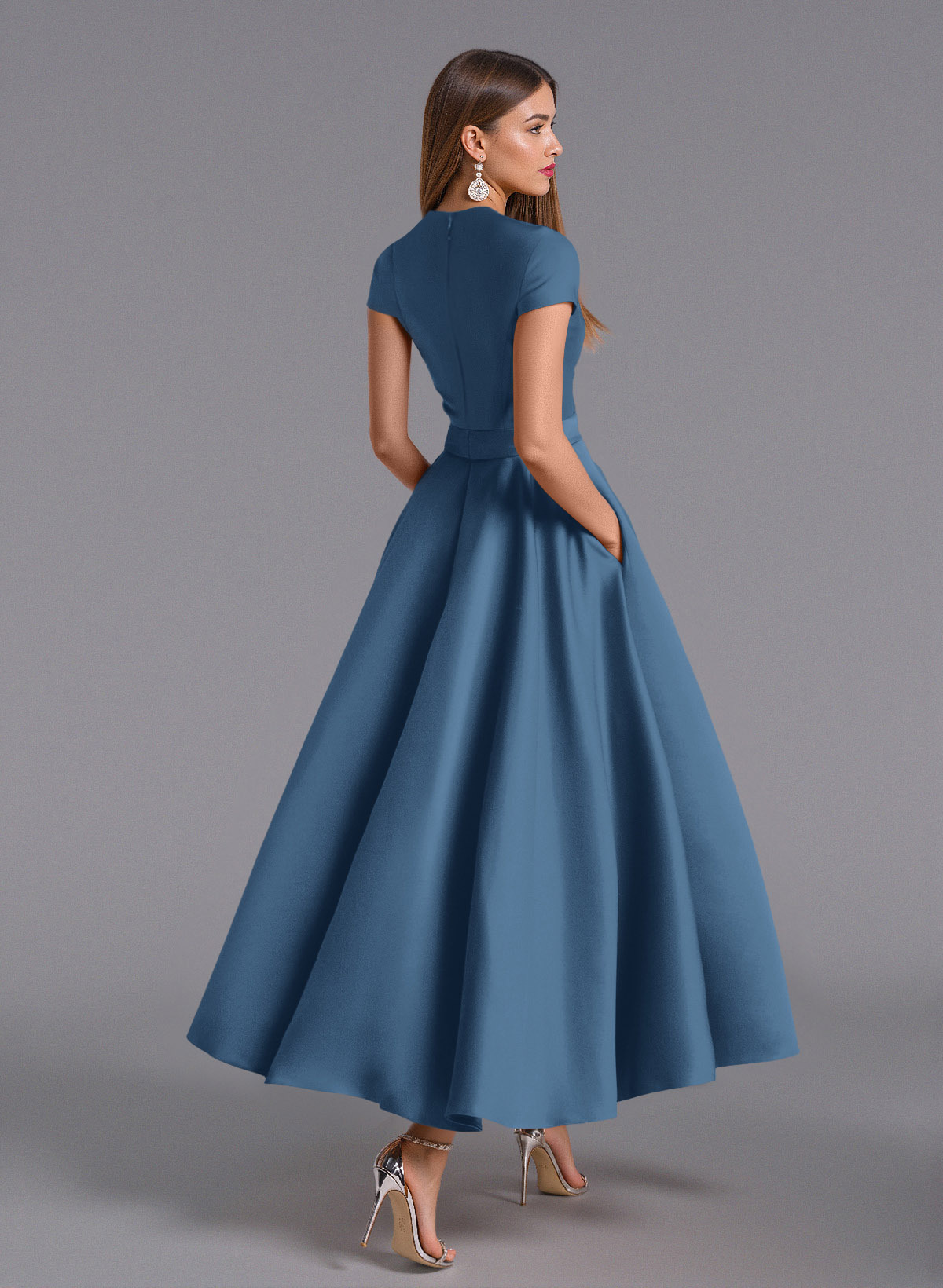 Classic V-Neck Short Sleeves Flower(s) A-Line Ankle-Length Satin Bridesmaid Dresses With Pockets, product image 135