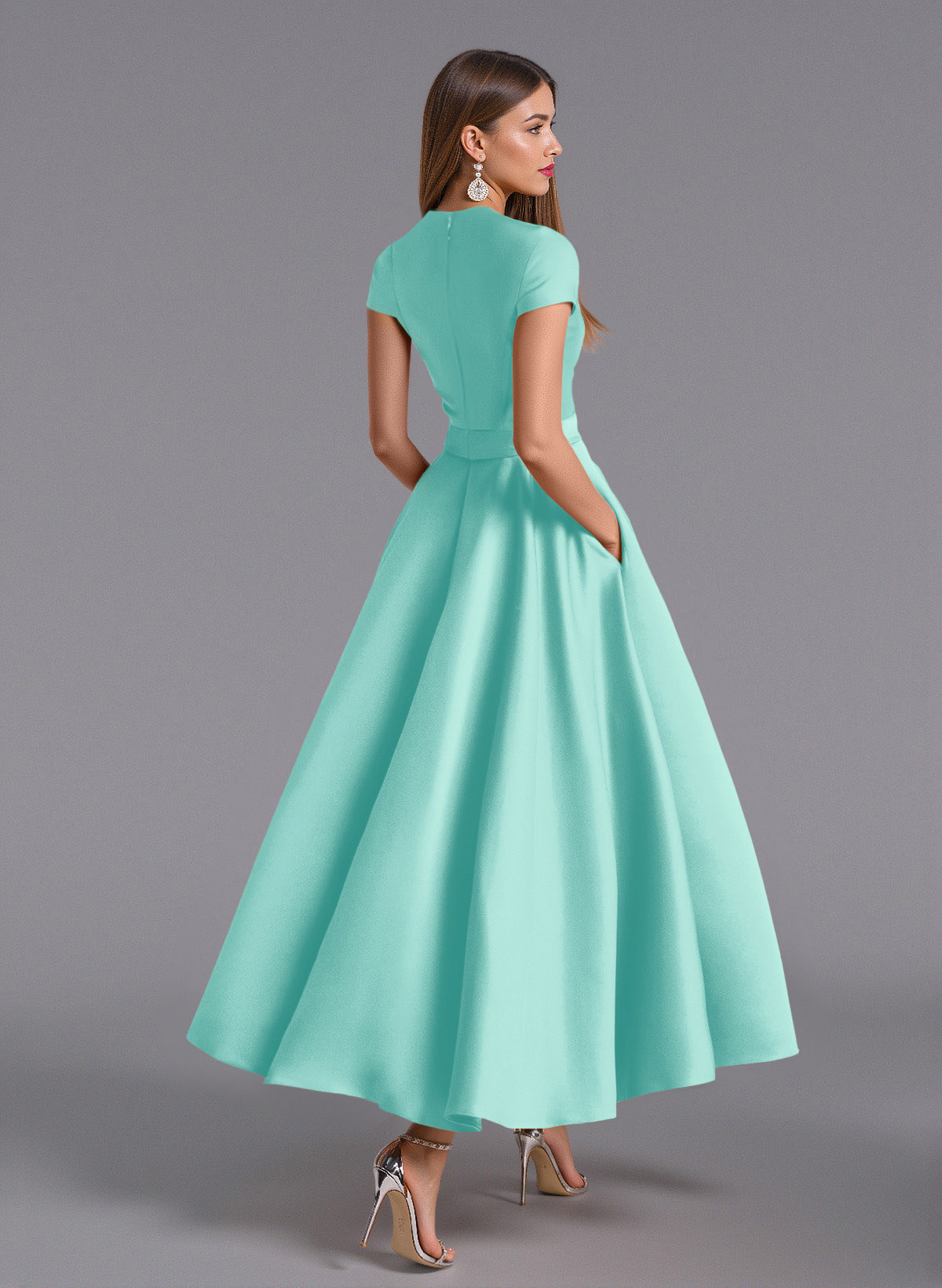 Classic V-Neck Short Sleeves Flower(s) A-Line Ankle-Length Satin Bridesmaid Dresses With Pockets, product image 53