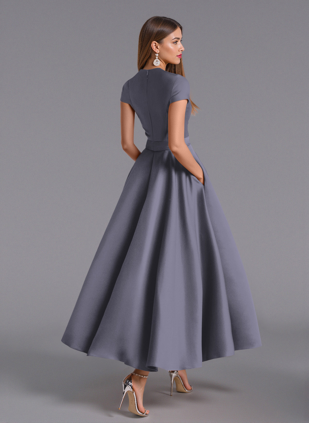 Classic V-Neck Short Sleeves Flower(s) A-Line Ankle-Length Satin Bridesmaid Dresses With Pockets, product image 133