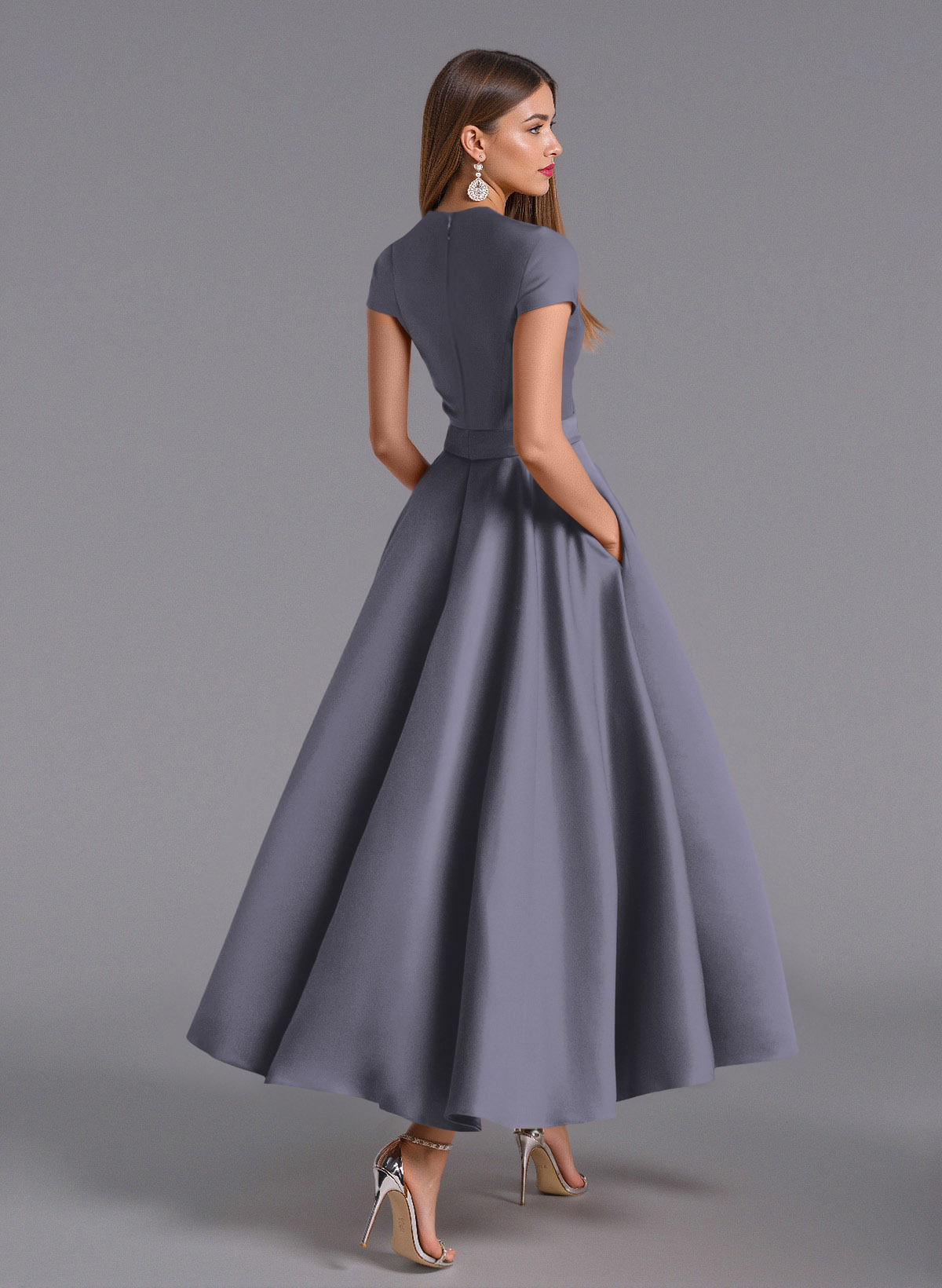Classic V-Neck Short Sleeves Flower(s) A-Line Ankle-Length Satin Bridesmaid Dresses With Pockets, product image 133