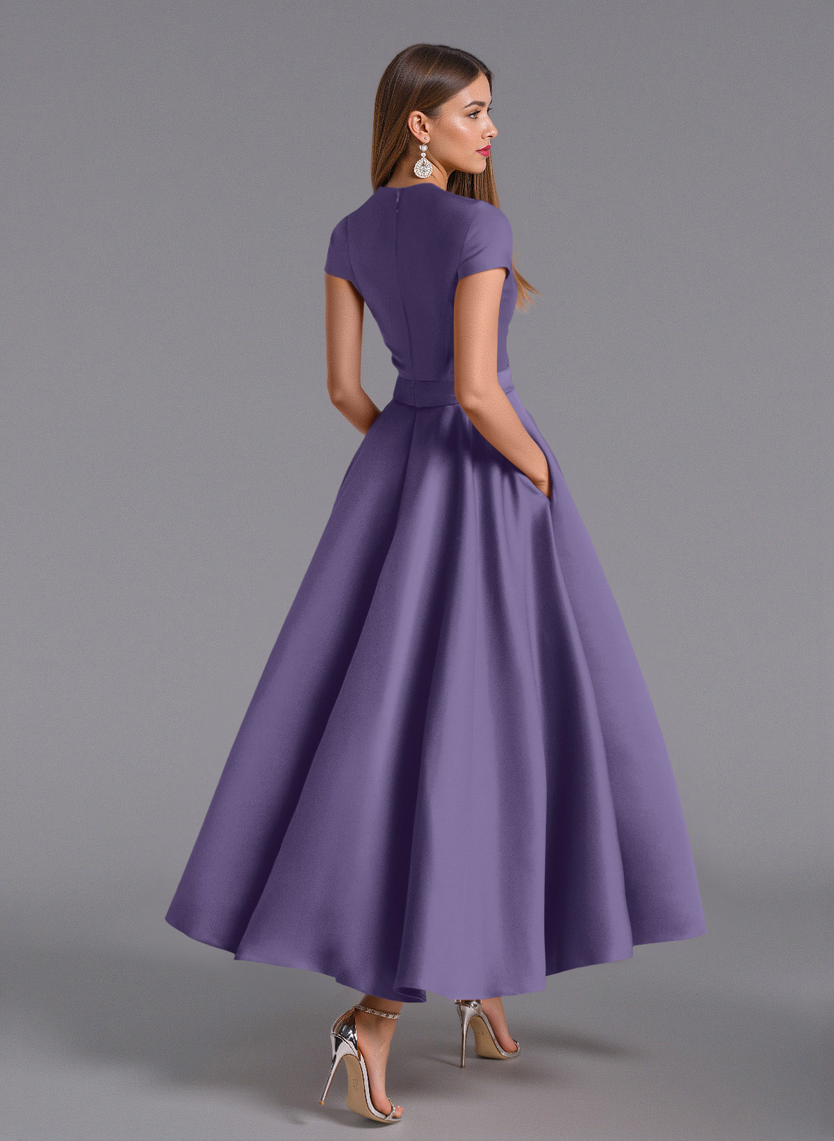 Classic V-Neck Short Sleeves Flower(s) A-Line Ankle-Length Satin Bridesmaid Dresses With Pockets, product image 77