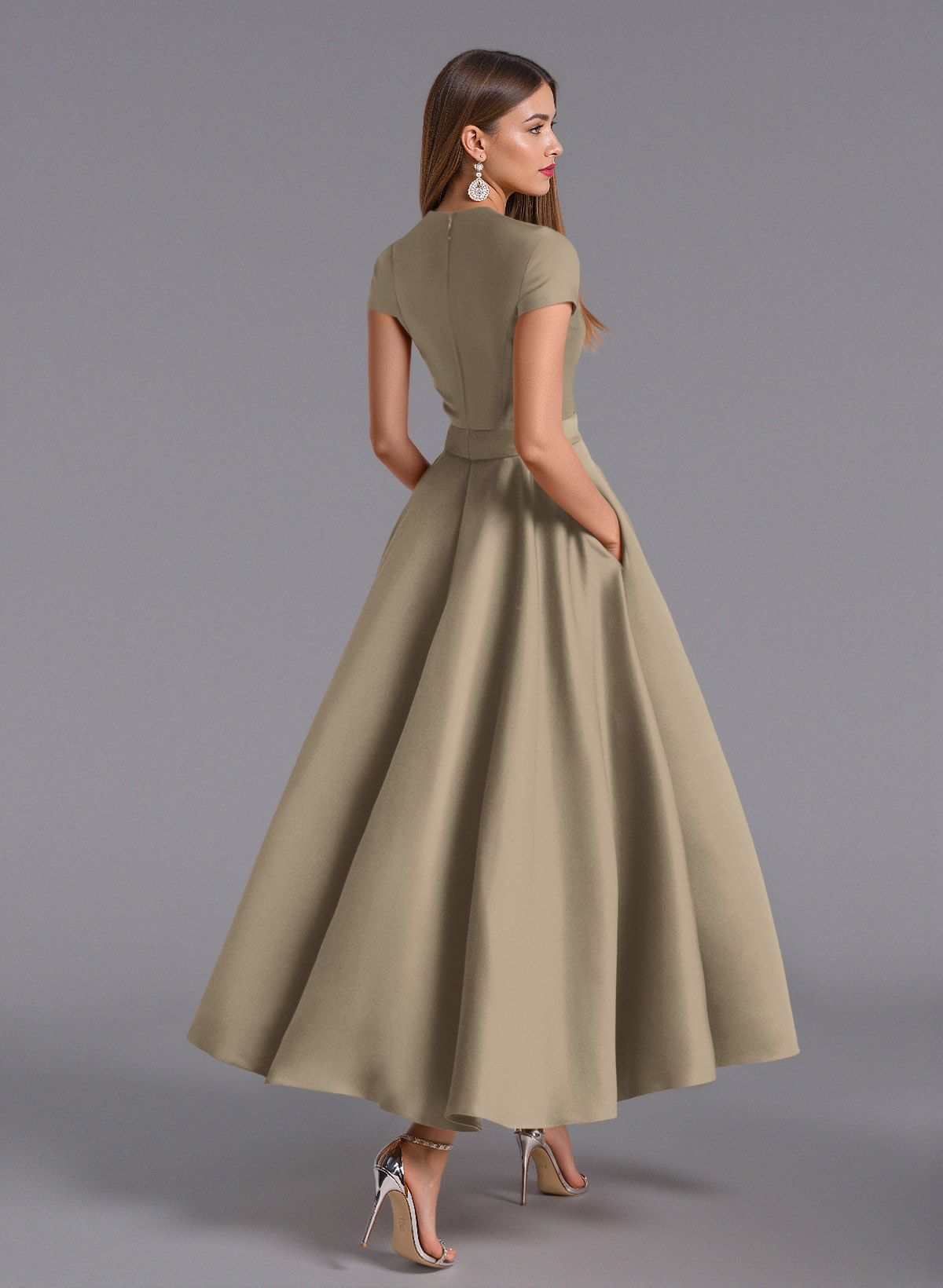 Classic V-Neck Short Sleeves Flower(s) A-Line Ankle-Length Satin Bridesmaid Dresses With Pockets, product image 49